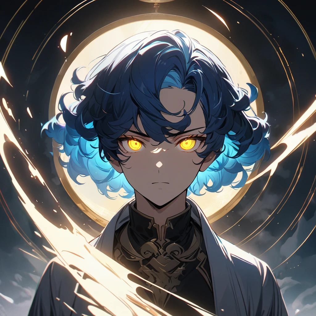 a handsome man with short blue hair, curly hair, yellow eyes, 4k, masterpiece, glowing eyes, short hair, glowing hair, god, round circle light behind him, white light