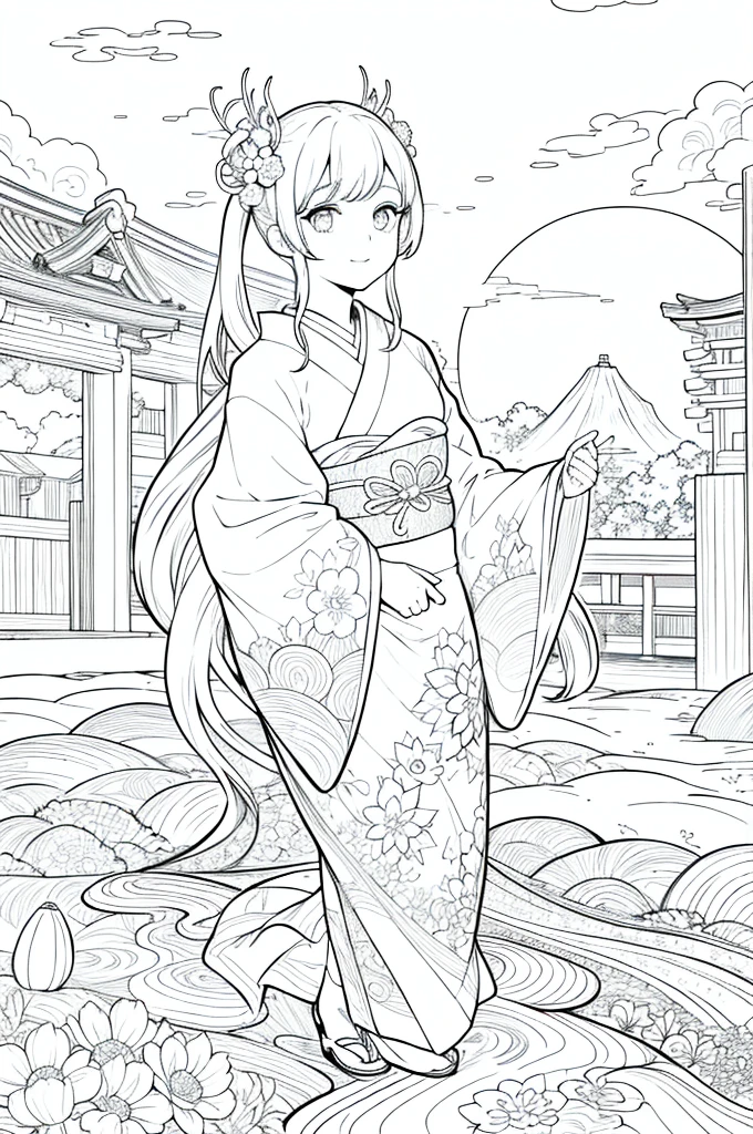 Obra maestra, superlativo,solamente, Dragon cute , flower line drawing background, fondo blanco, monocromo, line drawing, ((bosquejo)), spooky, white eyes, Please create a simple monochrome coloring book that even a can do, depicting a realistic and cute ukiyo-e illustration of a girl in a kimono, in various poses, with a Japanese garden in the background, that conveys Japanese culture.