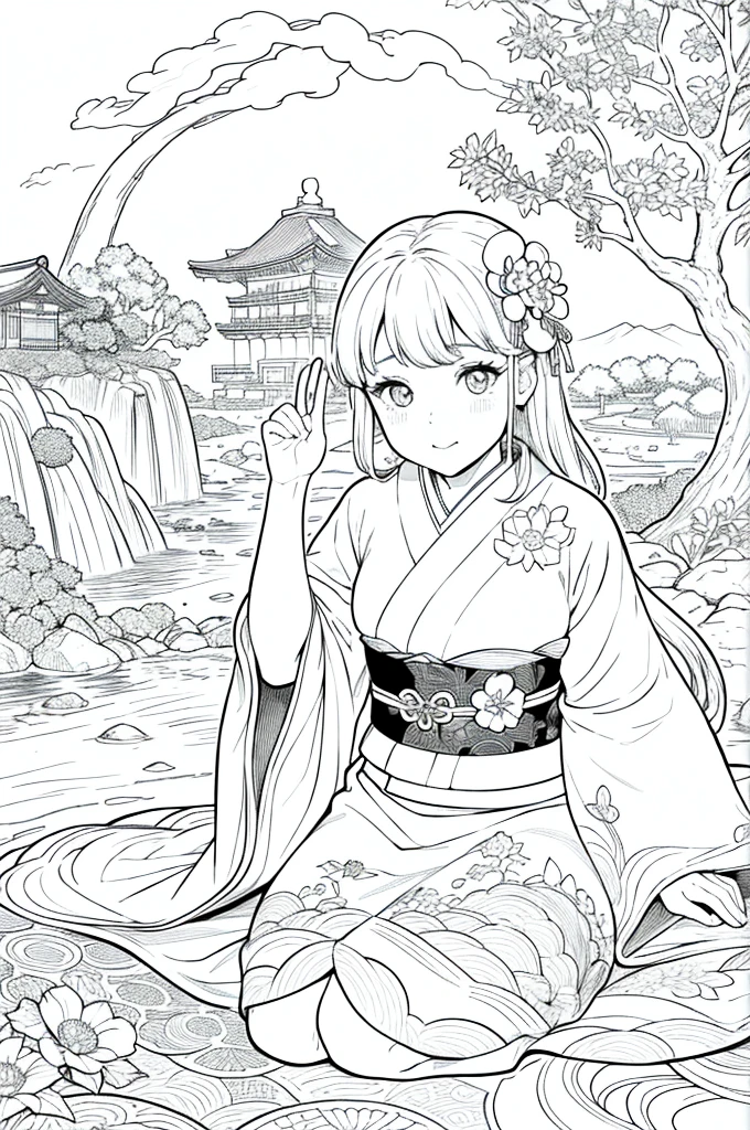 Obra maestra, superlativo,solamente, Dragon cute , flower line drawing background, fondo blanco, monocromo, line drawing, ((bosquejo)), spooky, white eyes, Please create a simple monochrome coloring book that even a can do, depicting a realistic and cute ukiyo-e illustration of a girl in a kimono, in various poses, with a Japanese garden in the background, that conveys Japanese culture.