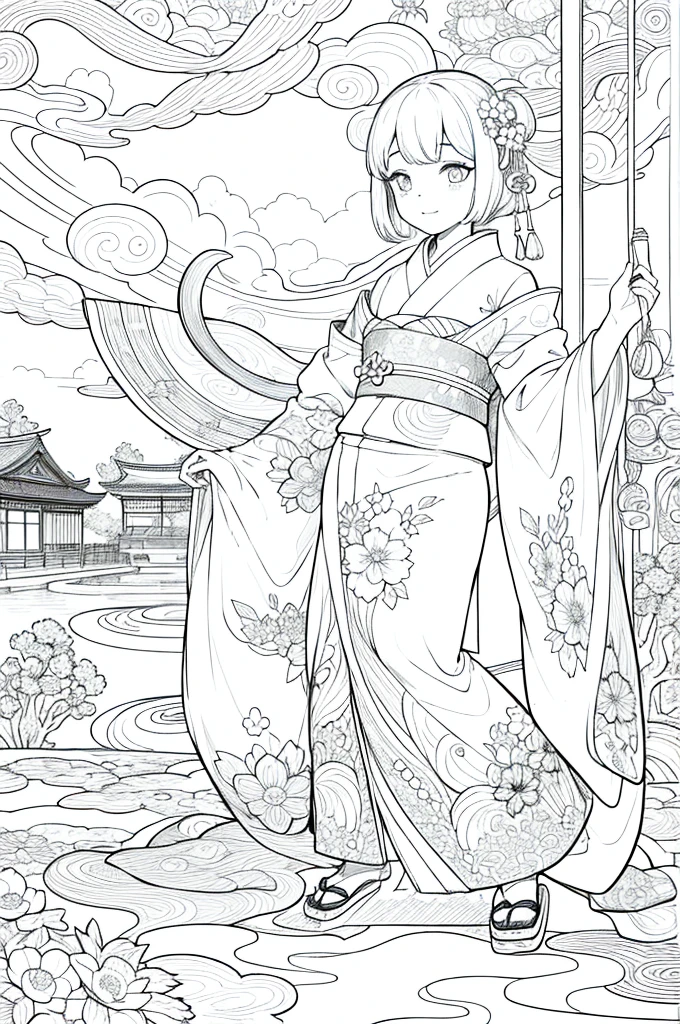 Obra maestra, superlativo,solamente, Dragon cute , flower line drawing background, fondo blanco, monocromo, line drawing, ((bosquejo)), spooky, white eyes, Please create a simple monochrome coloring book that even a  can do, depicting a realistic and cute ukiyo-e illustration of a girl in a kimono, in various poses, with a Japanese garden in the background, that conveys Japanese culture.