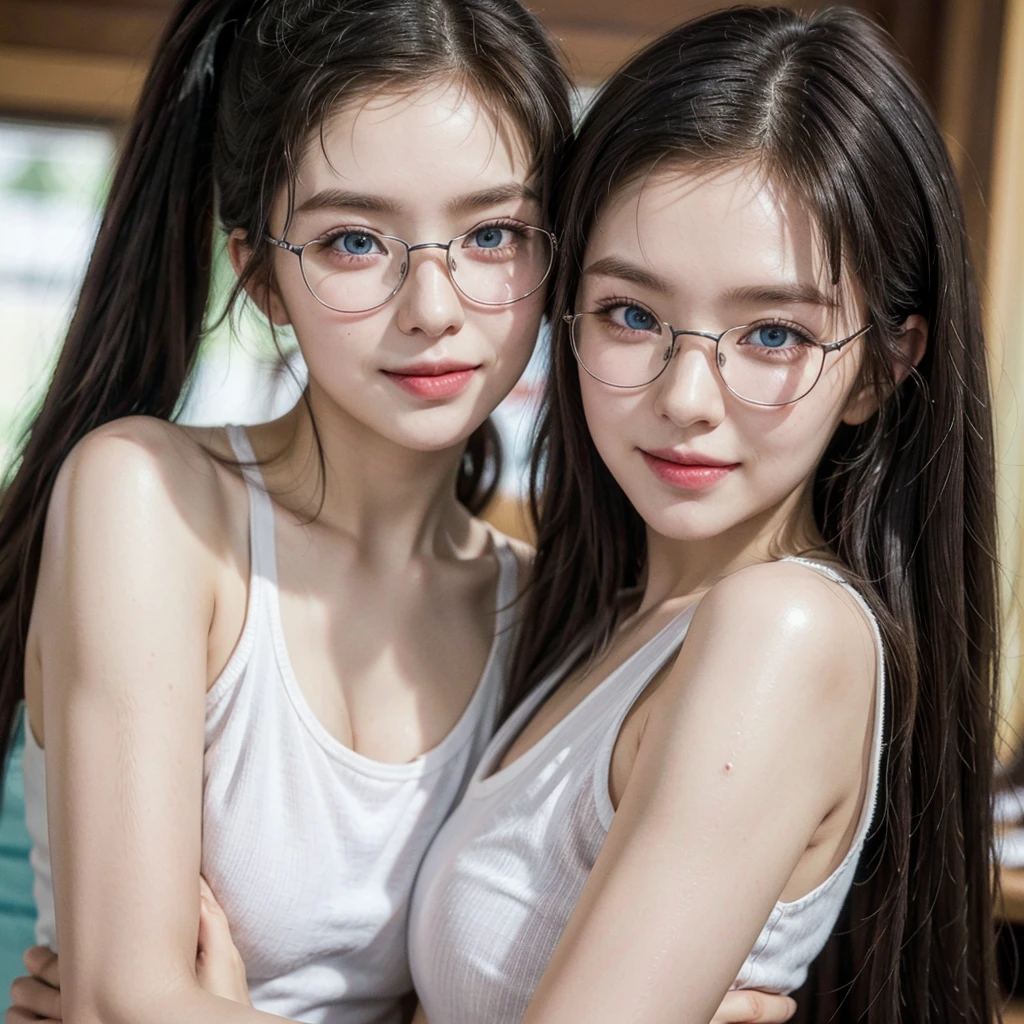 ((Best quality, masterpiece, detailed)), (RAW, 4k, hd images), shy, 1 girl, 20 years old, white skin, long hair, ponytail, layers hair, bangs, black hair, beautiful girl, cute girl, sweet girl, pretty girl, perfect girl, perfect eyes, pretty eyes, blue eyes, thin lips, thin, (eye line, lip stick soft) perfect , glasses(detailed frame), indoors, smile, sport tank top, close up