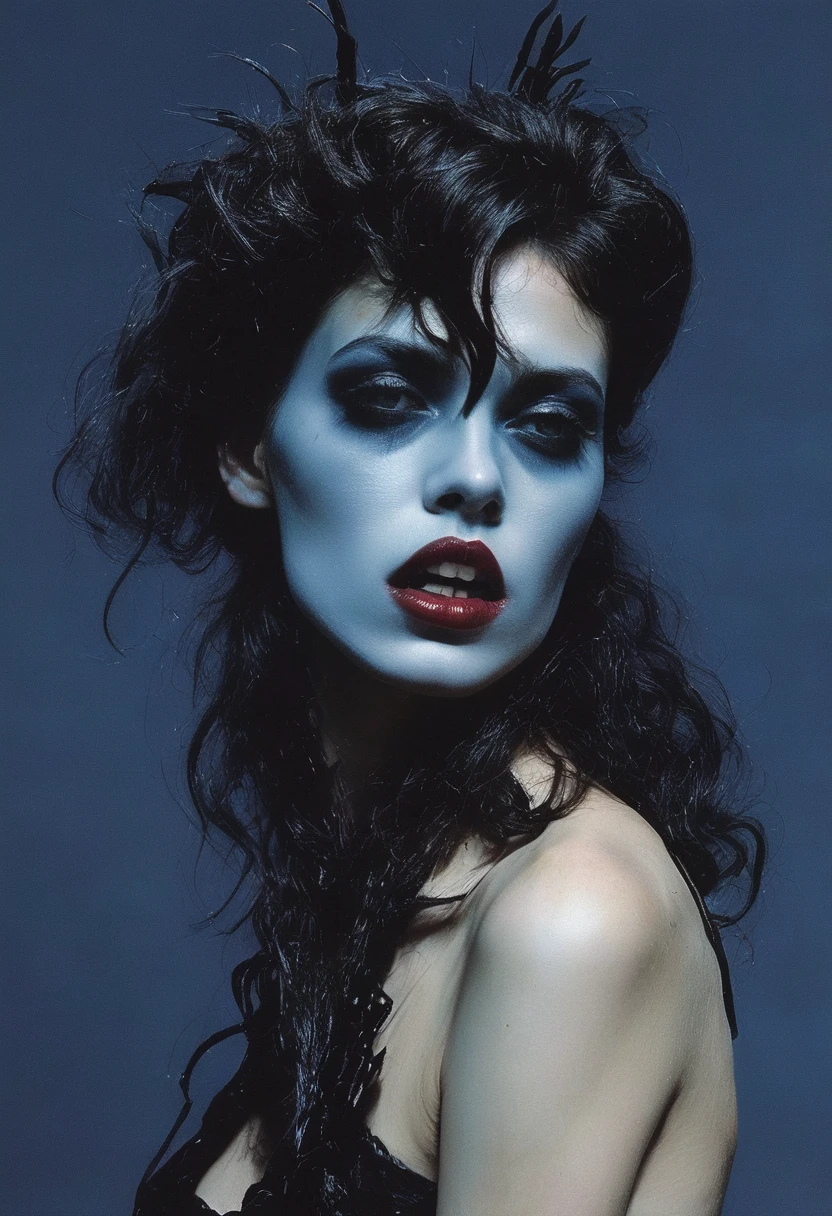 film photography, vintage, fashion shoot of female horror monster, blue dark background