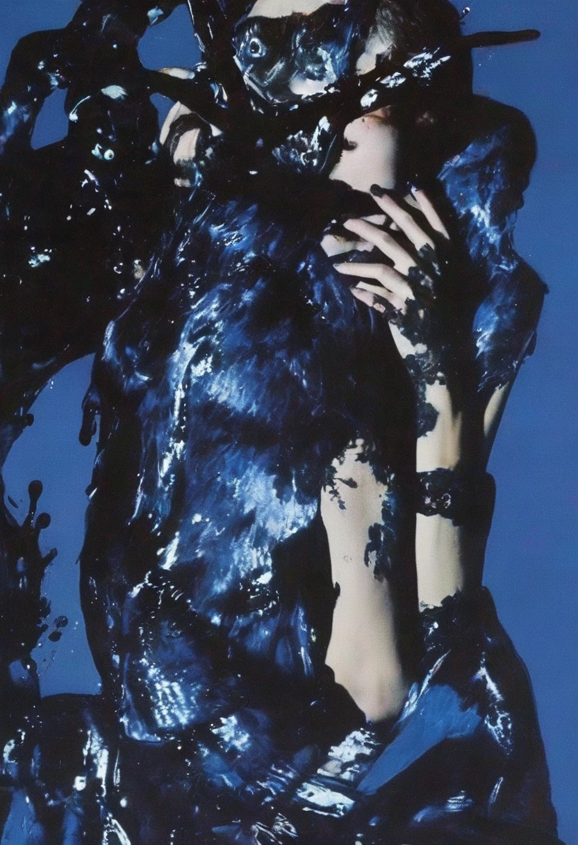 film photography, vintage, fashion photography of horror, blue background