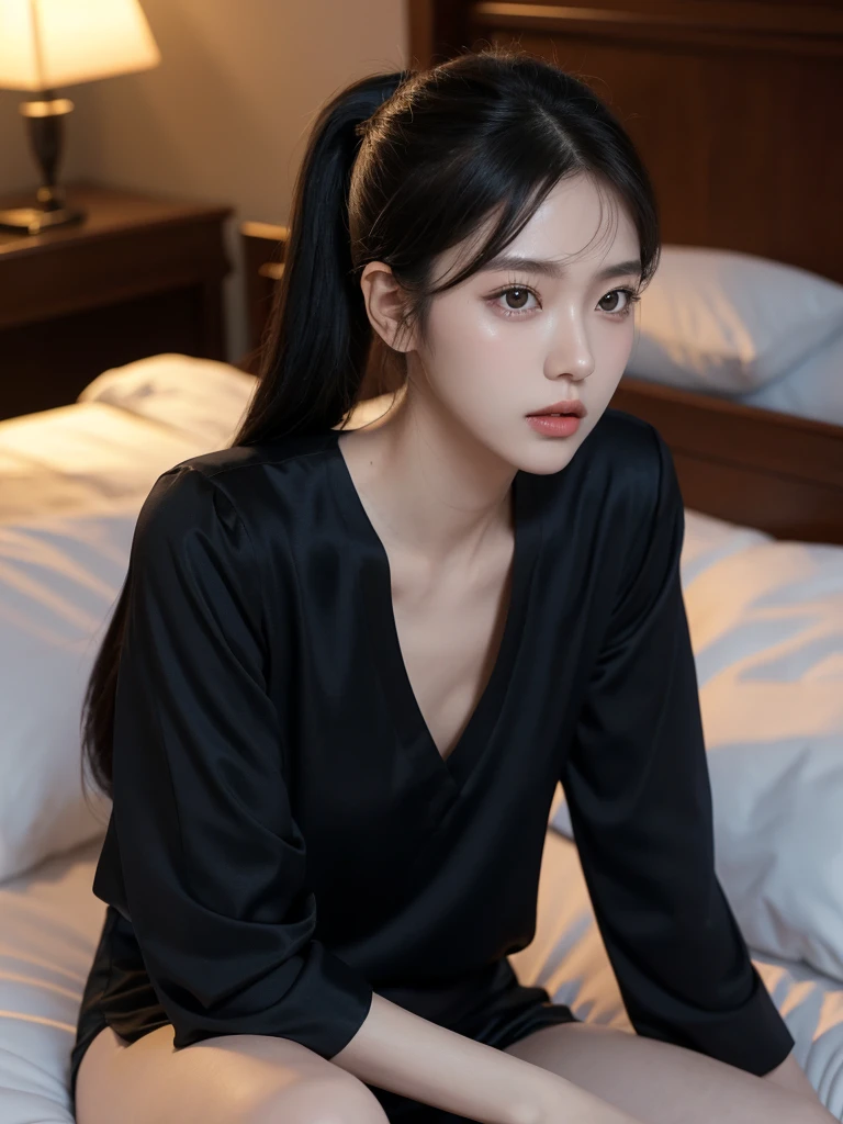 korean model , slim body , 167cm ,Movie Angle,long black ponytails hairstyle, (Cute girl,anatomy correct, blouse,( art,geomerty),(plethora of colorest quality,high detal,tmasterpiece,Cinematic lighting effects,4K,Chiaroscuro), sitting on bed