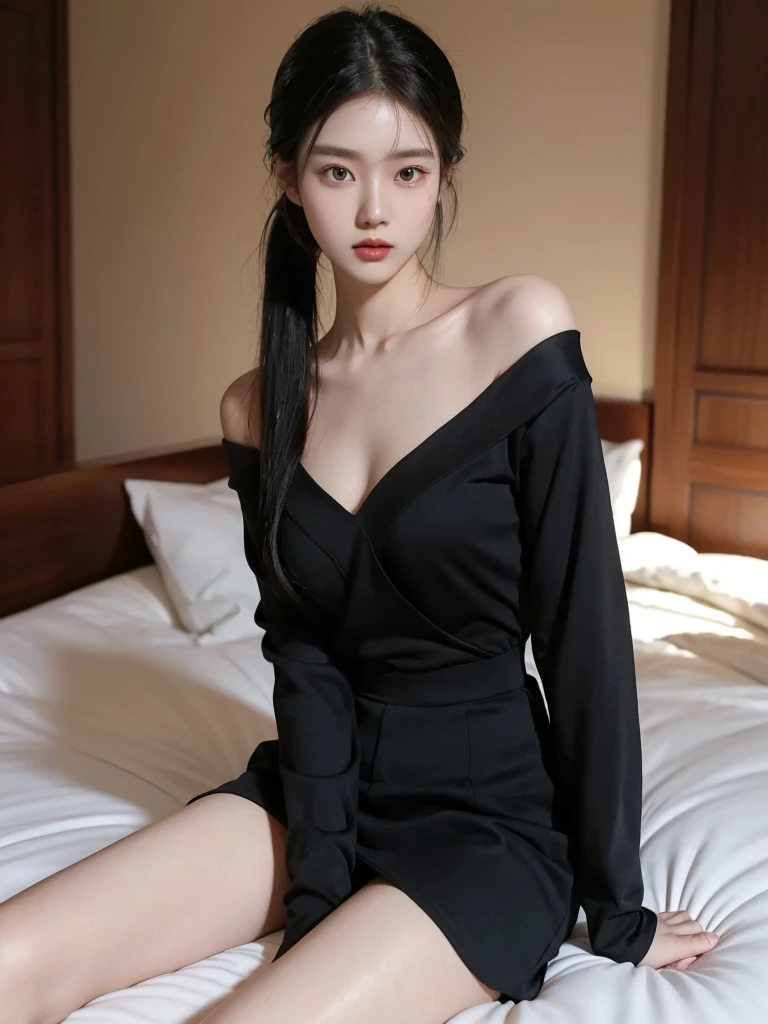 absurdres, RAW photo, extremely delicate and beautiful, masterpiece, Best Quality, ultra high resolution, 32k, hyperrealistic, ultra-detailed, perfect anatomy, anatomically correct, perfect figure, Perfect Style, Perfect balance, in her 20s, very small head, very small face, delicate facial features, tearful mole, earring, (very huge round breasts:1.2), bare legs, full body shot, medium hair, black hair, (school_uniform:1.2),