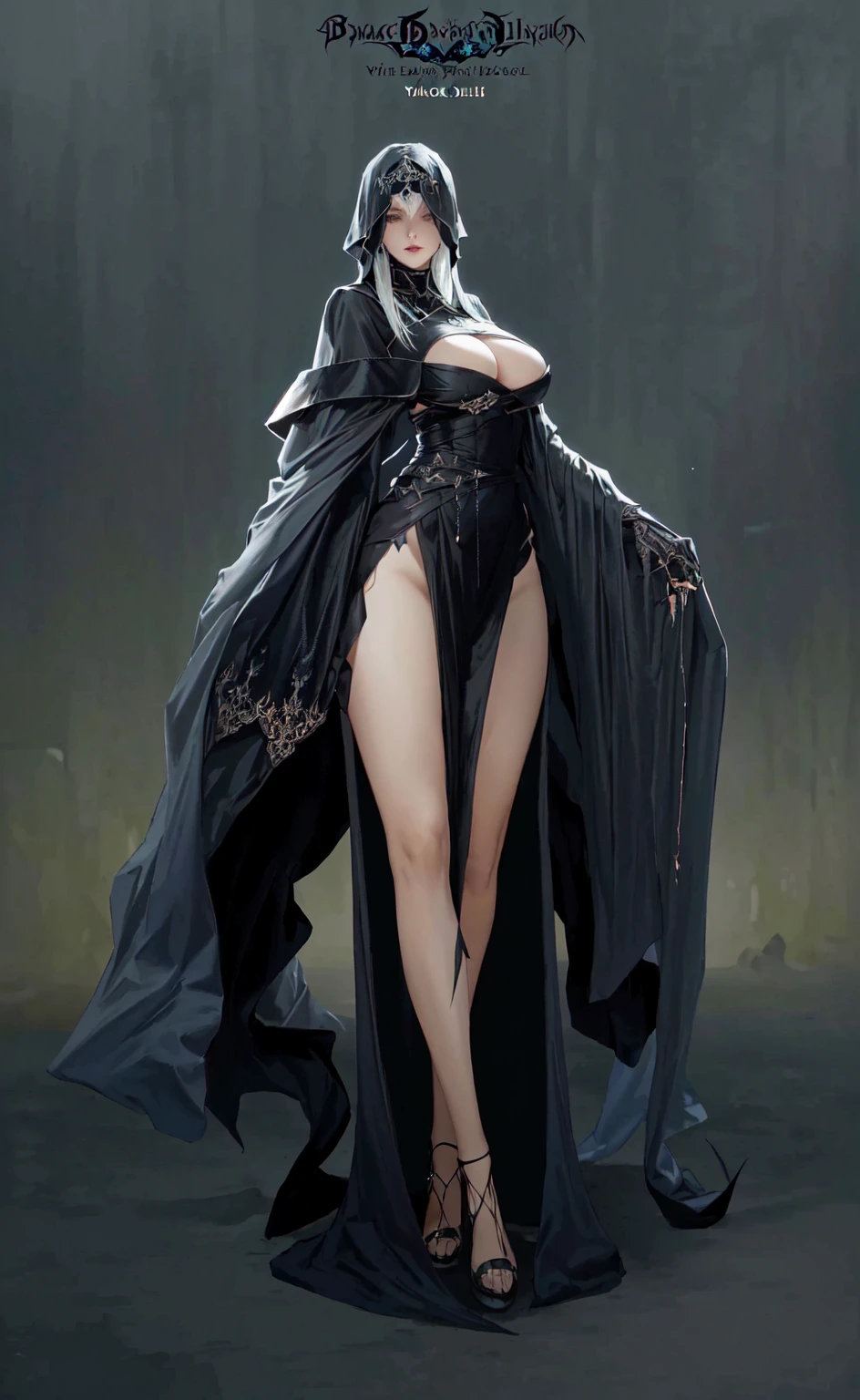 Alavd image of a woman in a black dress and cape, dark witch full view, Beautiful full body concept art, dark witch fullbody pose, Dark Flowing Robe, Humanity :: witch, dark robed witch, dark witch, Epic and beautiful character art, author：Yang J, beautiful witch, a beautiful witch