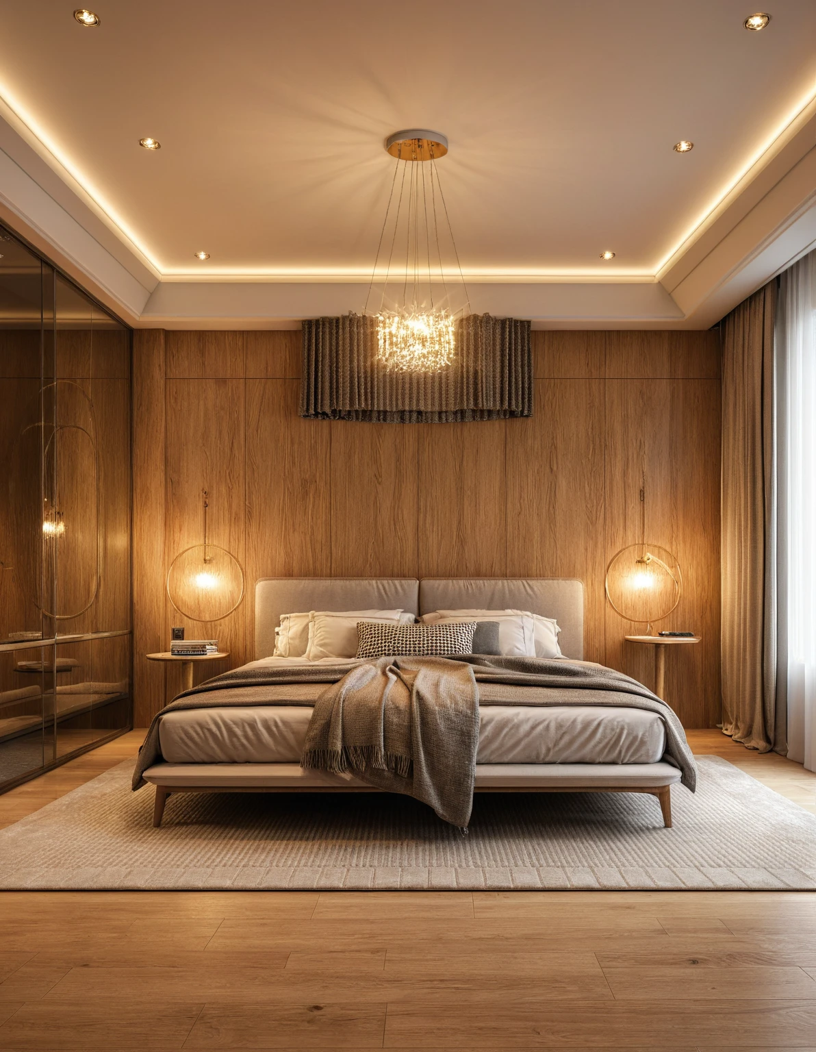 Raw photo,Masterpiece, high quality, best quality, authentic, super detail, interior, indoors, ((bedroom style modern luxury)), sunset, day light, bed, carpet, curves, bedside cabinets, wood floor ,wardrobe, glass cabinet doors, chandeliers, windows, curtains, downlight, book