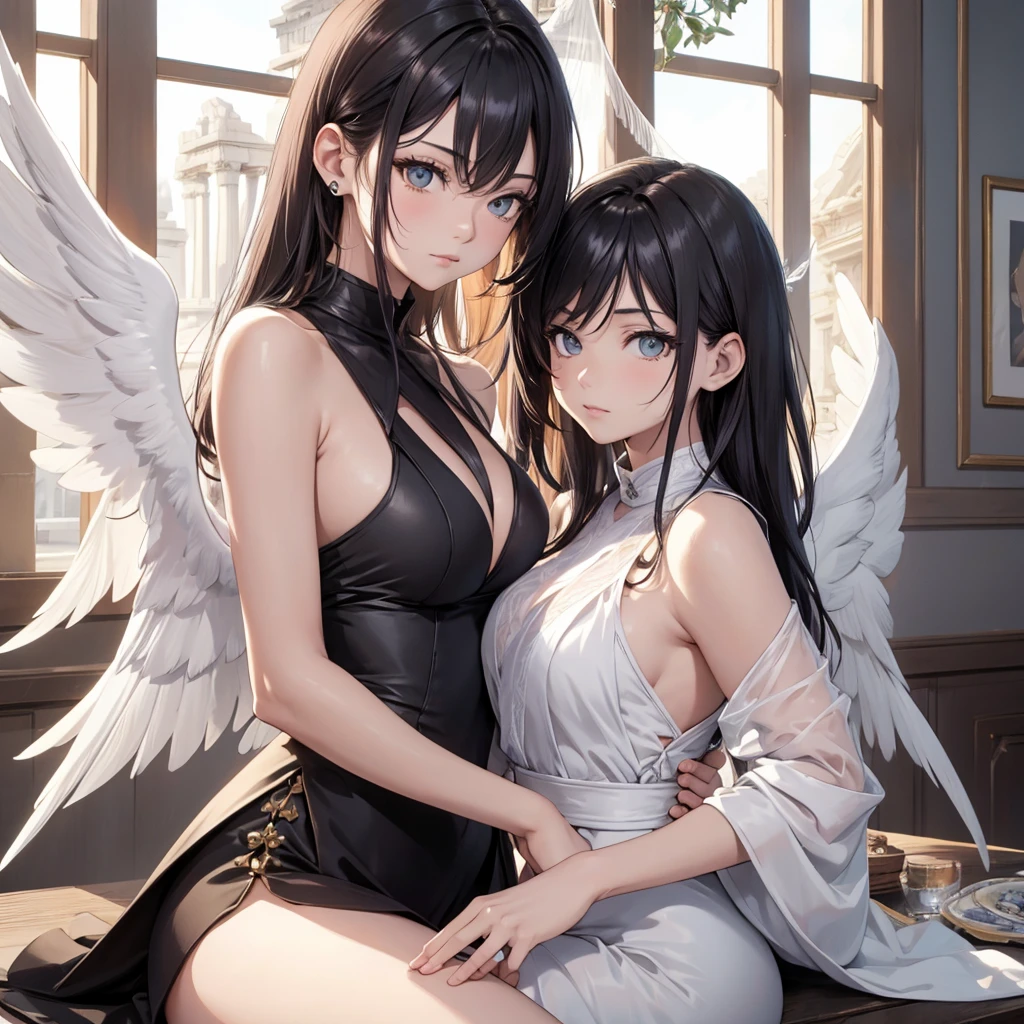 ((On the table, best quality)), Delicate face, Character Design Sheet,whole body, Perfect proportion,Rich in details, Multiple poses and expressions, Very detailed, Martial Arts Girl,1Girl with black wings,Gradient hair color,Golden,Delicate eyes, see through,1 Angel Wings Girl,cloud,High balance, Halo,Natural light,Starlight decoration,Background greek temple