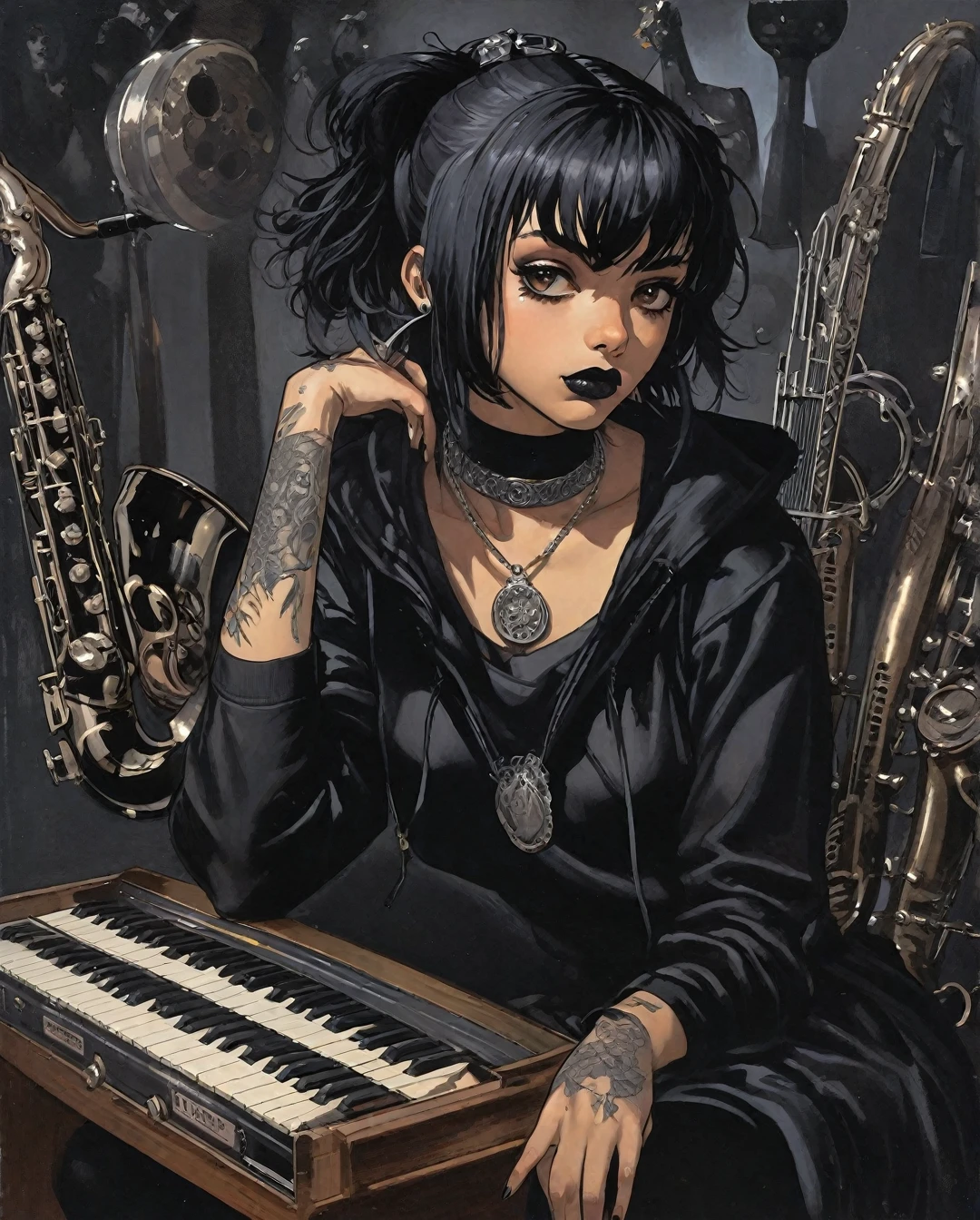 Flat-colored still of a photo of a Brazilian goth woman, sitting among musical instruments, dark theme, brown girl, black hair, messy hair, silver necklace, silver earings, black lipstick, black makeup, black hoodie, black dress, black boot, tattooed, dynamic pose, cowboy shot, ultra realistic, realistic fingers, perfect eyes,... anime girl from a 80s Anime portrayed by hajime sorayama, looking away from the viewer, solemn expression