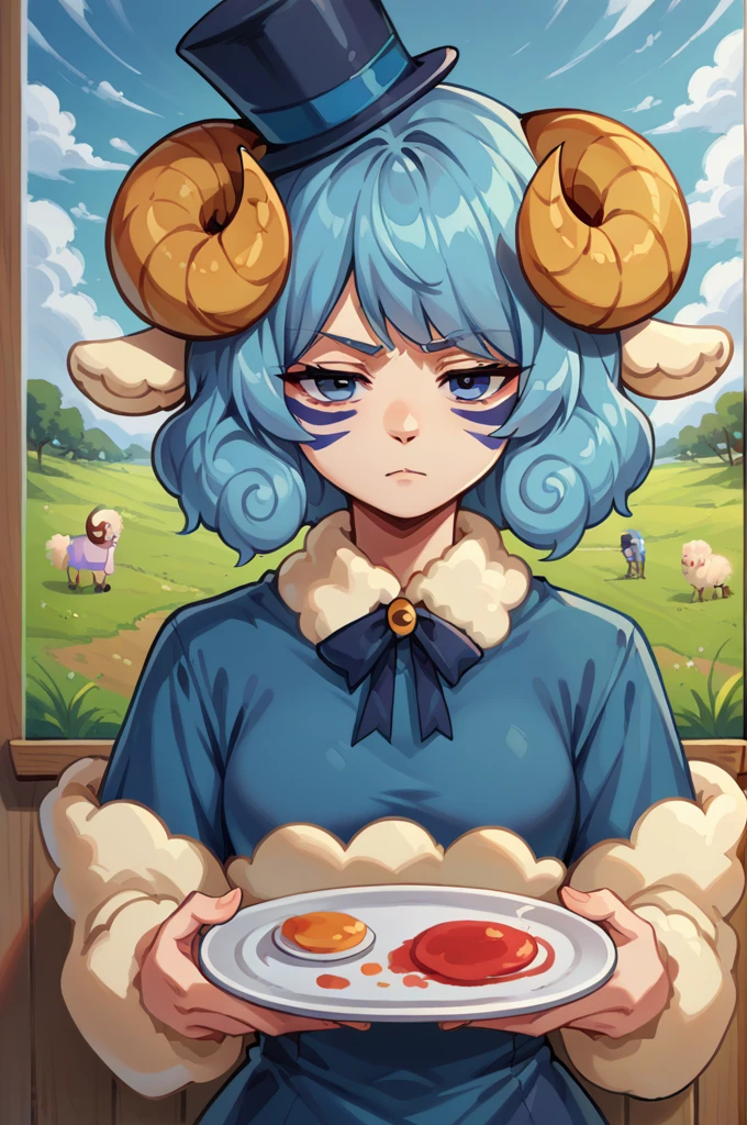 a result_9, a result_8_higher, a result_7_higher, 1girl, Single, NSWeresheepMGE, Blue eyes, Medium hair, Sharp explosions, Sheep horns, Sheep ears, Art studio background, He holds a plate, blue top hat, facepaint, painting, Looking at the viewer, blue hair 