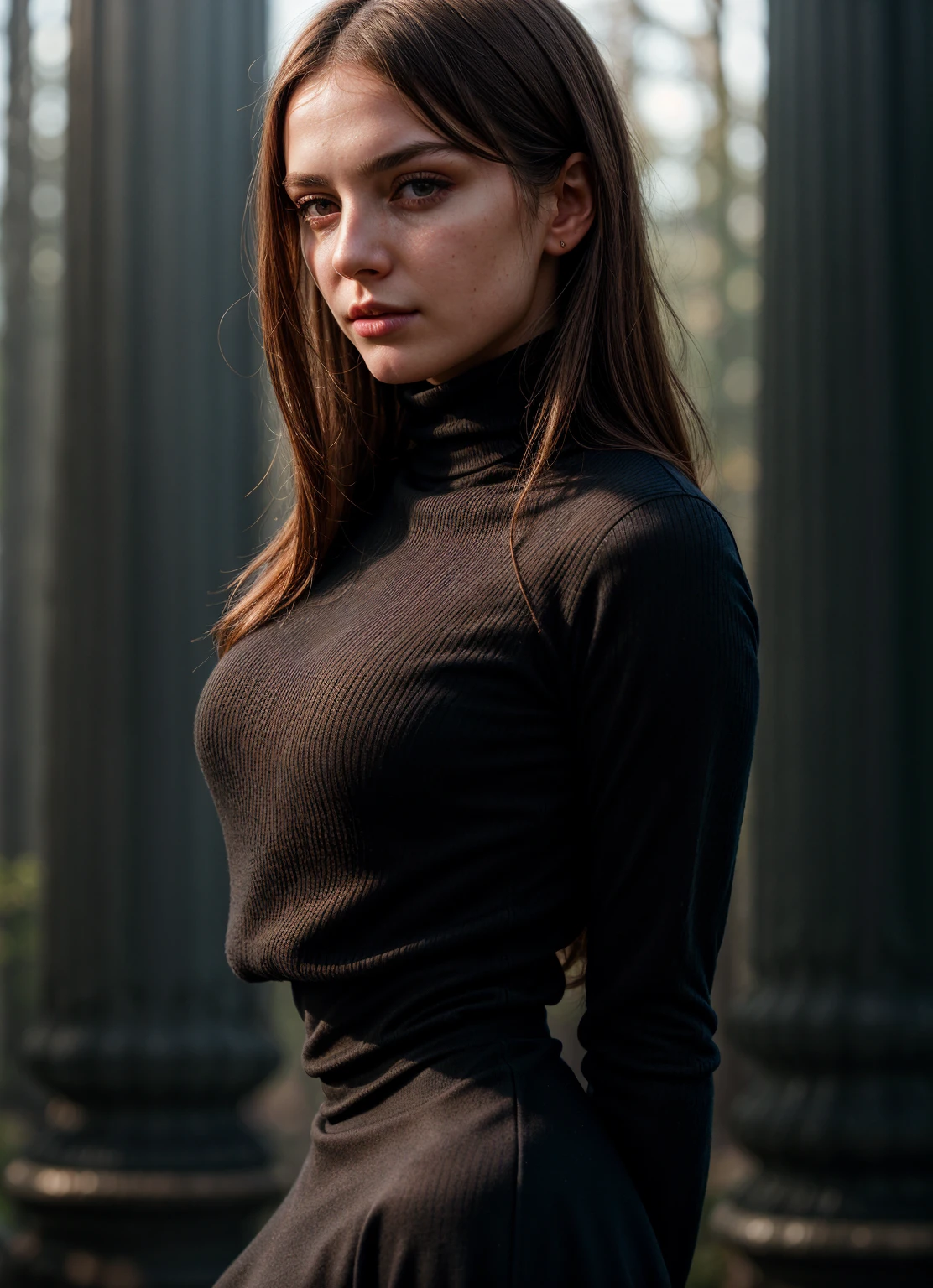 A stunning intricate full color portrait of (sks woman:1), wearing a black turtleneck, epic character composition, by ilya kuvshinov, alessio albi, nina masic, sharp focus, natural lighting, subsurface scattering, f2, 35mm, film grain, 