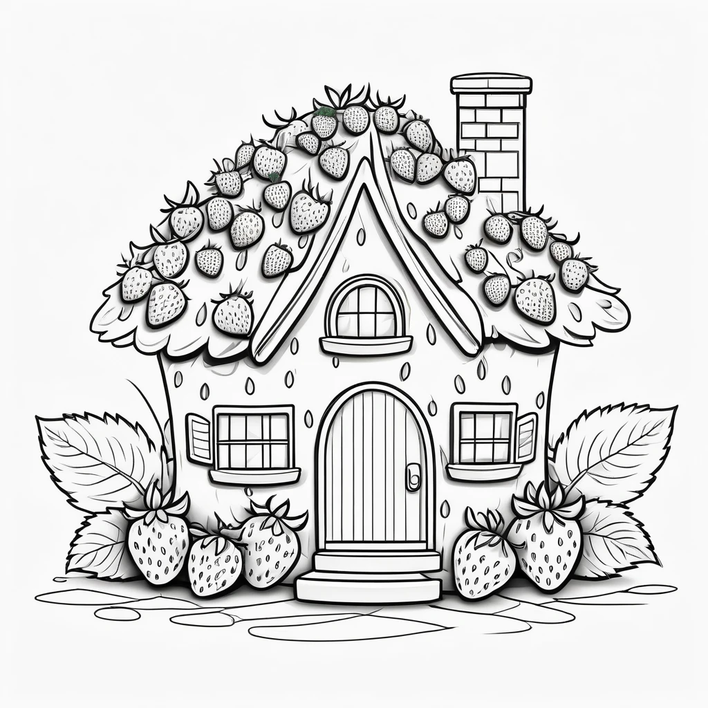 Cute house made from strawberries, coloring page for kids, happy, smiling, vector art, minimalistic, vector 2d, black lines white background, coloring page for beginners, vector illustration, pencil strokes, no color, drawing for coloring, white background, pixar style, black and white