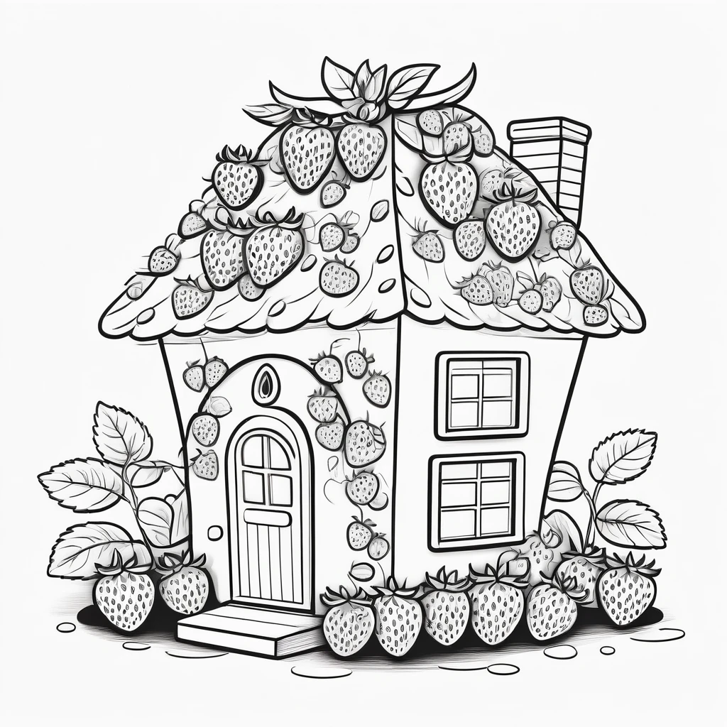 Cute house made from strawberries, coloring page for kids, happy, smiling, vector art, minimalistic, vector 2d, black lines white background, coloring page for beginners, vector illustration, pencil strokes, no color, drawing for coloring, white background, pixar style, black and white