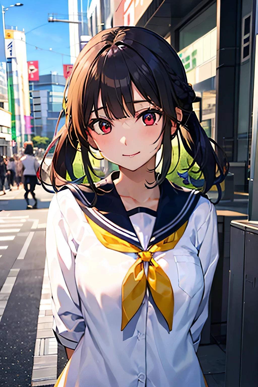 /*quality*/
masterpiece, best quality,
BREAK,
/*figure*/
1girl,Yukinoshita_yukino,
BREAK
/*system*/
glamorous,tall,large breasts,
BREAK
/*Hair Type*/
straight hair,
BREAK
/*Hair length*/
{very short hair | medium hair | long hair},
BREAK
/*Hairstyle*/
{blunt bangs | bob cut | ponytail | twintails | drill hair | hair bun | slicked back hair | forehead | single braid | braid hair},
BREAK
/*Hair Color*/
{black hair | blonde hair | pink hair | brown hair | white hair | purple hair | red hair | orange hair | blue hair | yellow hair | green hair | yellow green hair | silver hair | sky blue hair | gray hair | copper hair},
BREAK
/*eye*/
beautiful eyes,red eyes,
BREAK
/*expression*/
{smile|light smile|cheerful},
BREAK
/*Costume*/
{sailor suit|school uniform,blazer|school uniform,cardigan},
BREAK
/*Pause*/
arms behind back,
BREAK
/*angle*/
upper body,
BREAK
/*place*/
(detailed Shibuya street background:1.2),
BREAK
/*Brightness*/
sunlight,