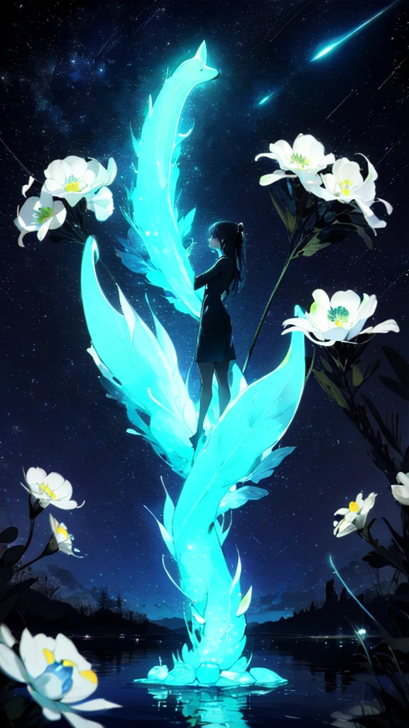 girl, Solitary, masterpiece, best quality,, Stand on the water, Reflective surface, , Animal ear fluff, (poster:0.76), (Palm leaves), White flowers, (Neon indigo glow:1.2), night, Dark theme, Starry Sky, (Bioluminescence), Vague,
