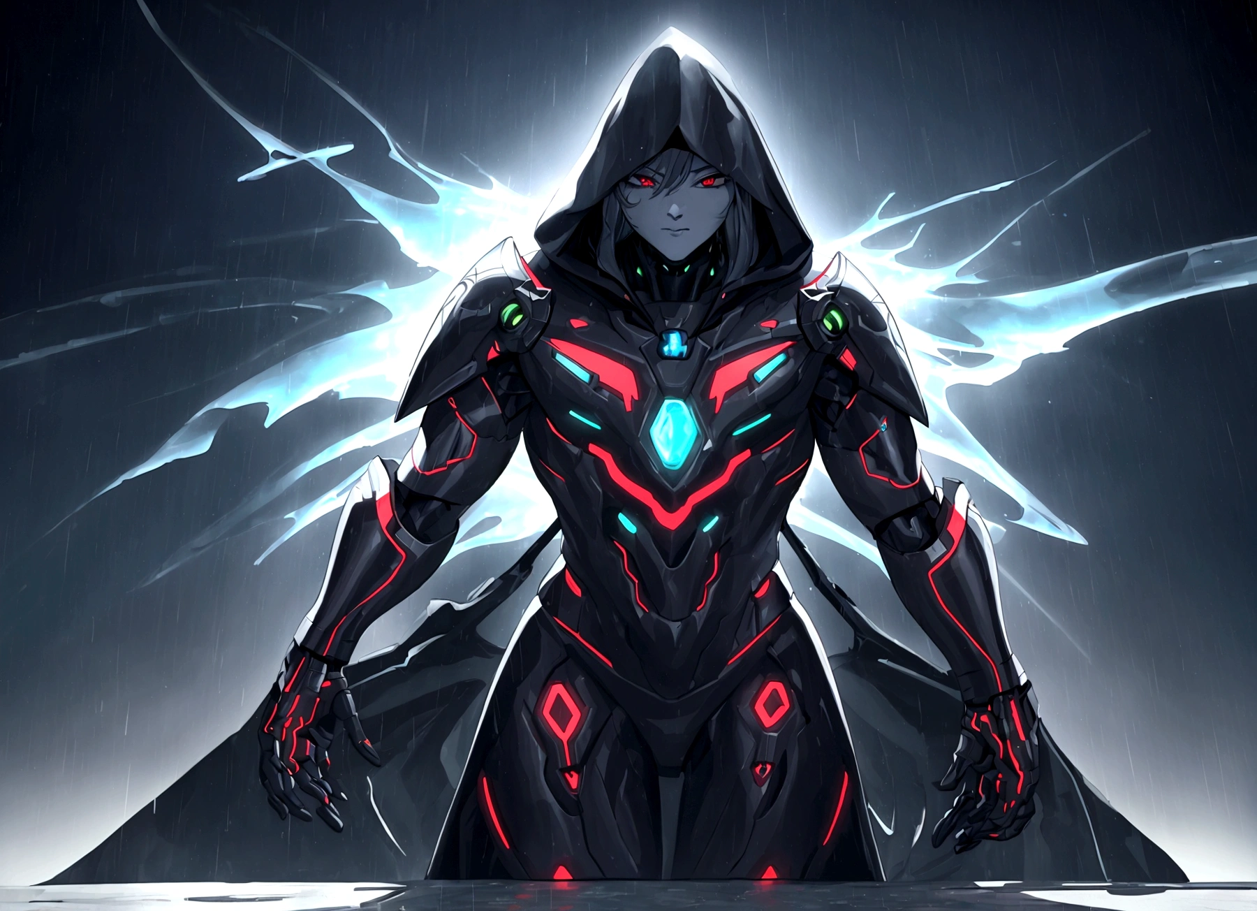 masterpiece, cyborg, The body is glamorous、, Wearing a hood, Shrouded in shadow, , Positano colours, Completely in frame, whole body, Emits electrical energy, whole body, Beautiful anime waifu style man, Ultra-detailed CG paintings, Luminism, Art by Kahn Griffith and Vadim Kashin Concept Art, 8K resolution, Fractal isometric details Bioluminescence , complicatedly detailed , Cinematic, trending on art station Isometric Centered hyper Realistic cover photo awesome full color,  Grainy, Realistic, complicated, Hit definition , Cinematic, Bold, Vibrant, amazing, Super high quality model、Being pelted by rain in the dark、Controlling Lightning、Red eyes