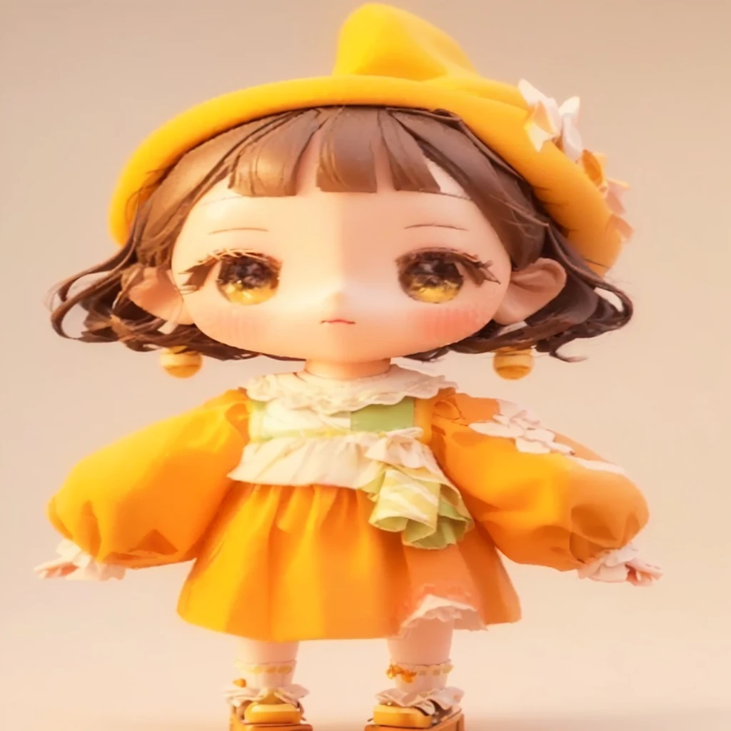 Close-up shot of a doll wearing a yellow hat and clothes, Rendering a cute 3D anime girl, Lovely characters, Lovely and detailed digital art, Cute girl anime visual, Lovely art style, Cute cartoon characters, Anime style 3d, Cute 3d rendering, Cute numbers, Cute numbers艺术, Stylized anime, Kawaii realistic portrait