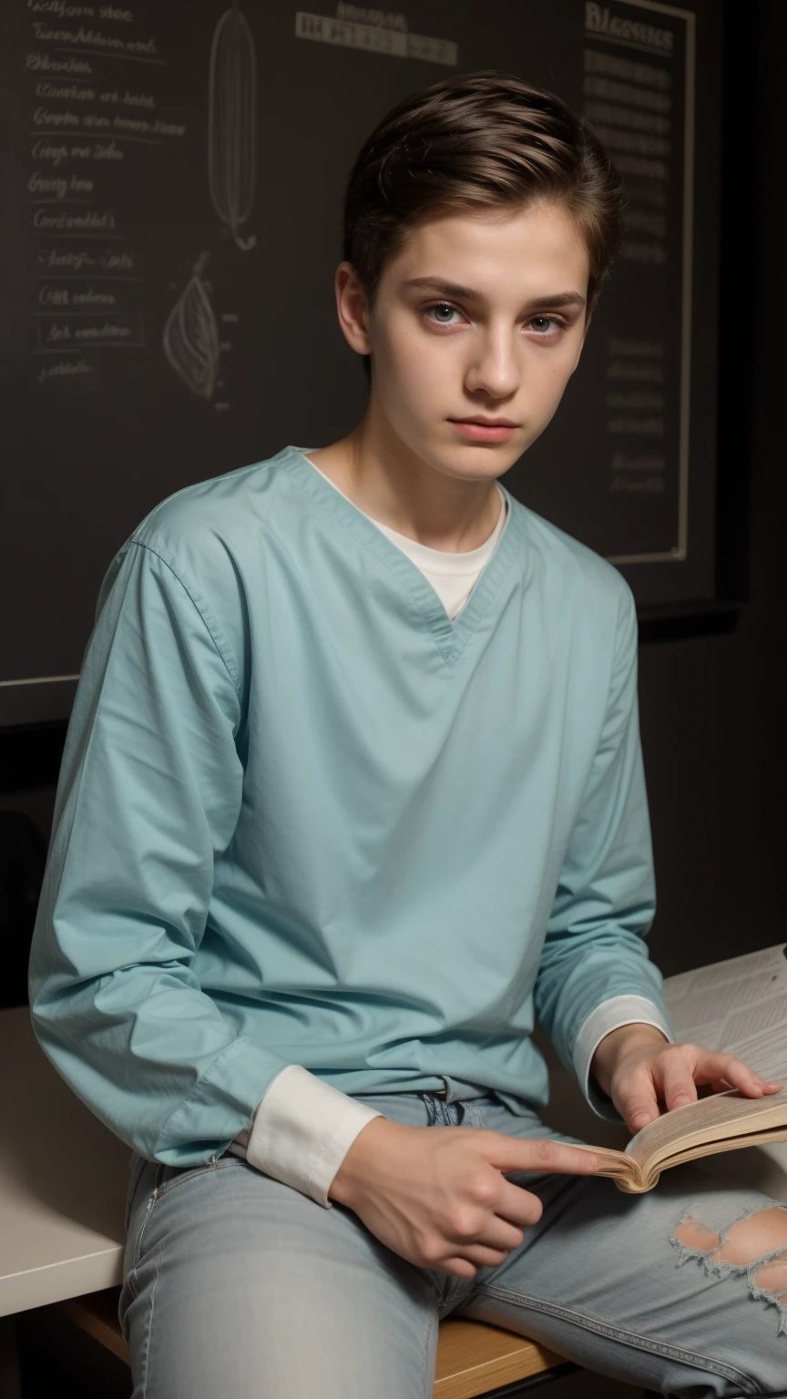 A young beautiful doctor, a cute twink, a male doctor with a make-up face. He is wearing a long-sleeved aquamarine shirt and black jeans. He is in his luxurious scientific office, and behind him is a blackboard on which neurons and calculus are written. He looks in amazement and shock, and his eyes have dark circles underneath them.