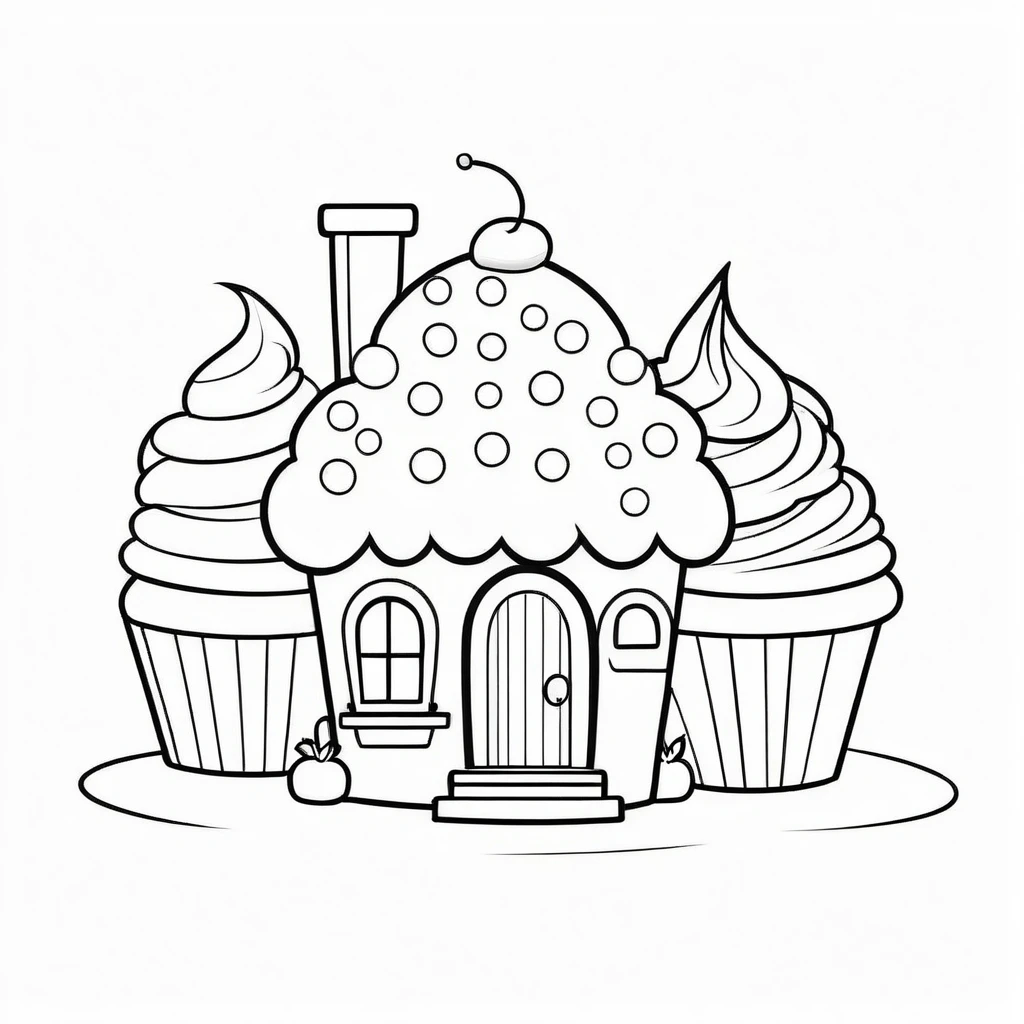Cute house shaped like cupcakes, coloring page for kids, happy, smiling, vector art, minimalistic, vector 2d, black lines white background, coloring page for beginners, vector illustration, pencil strokes, no color, drawing for coloring, white background, pixar style, black and white
