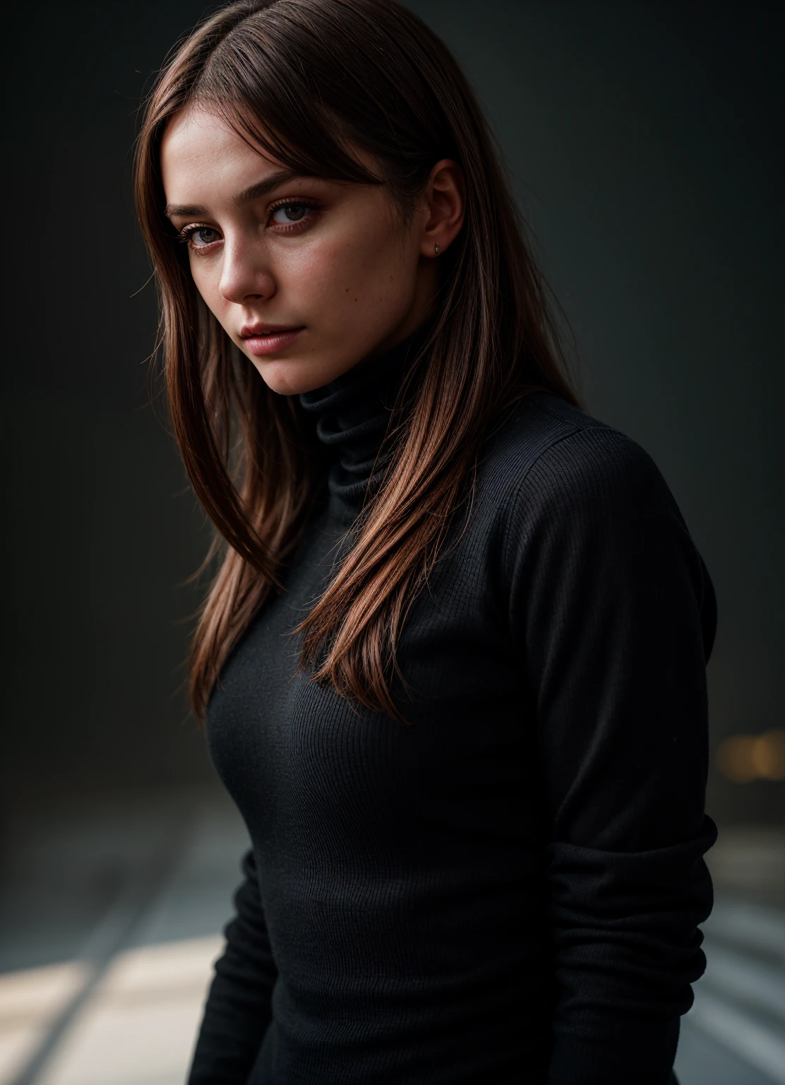 A stunning intricate full color portrait of (sks woman:1), wearing a black turtleneck, epic character composition, by ilya kuvshinov, alessio albi, nina masic, sharp focus, natural lighting, subsurface scattering, f2, 35mm, film grain,