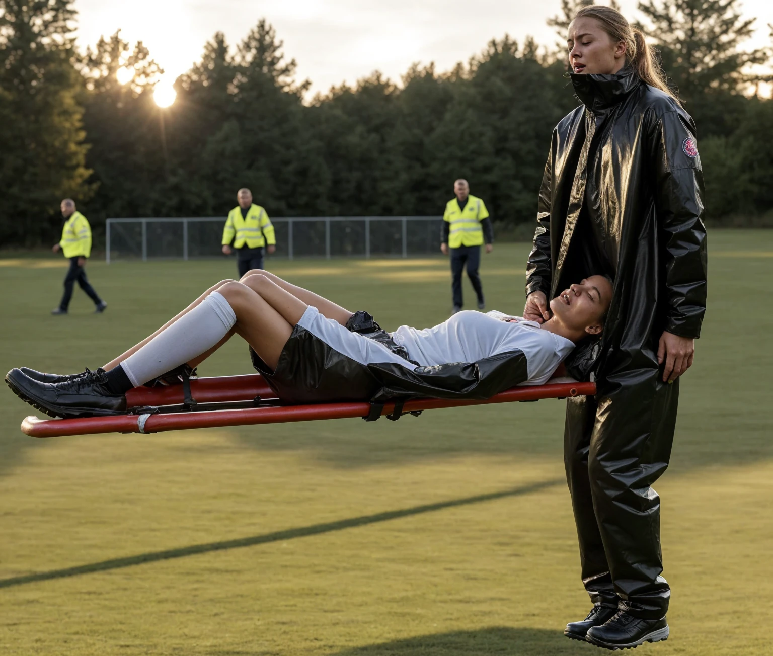 Greta Thunberg is carrying a stretcher, there is a man laying on a stretcher on a soccer field, on a soccer field, Greta Thunberg wearing a shiny pvc tracksuit, greta Thunberg in a high shine vinyl rainsuit carrying a stretcher on a soccer field, an excessively madeup teenage girl in a laquered coat, a passionately shouting teenage-girl in a laquered coat, there is a sportsman in white shorts and a white t-shirt lying injured on a stretcher, there is an injured sportsman who is covering his face on a stretcher, an injured sportsman is covering his face with his hands, an injured sportsman is writhing in ecstasy on a stretcher, dramatic pity pose, there is a latino woman in a high-shine puffy coat, a high-shine black down coat, a long black moncler coat, a wetlook down coat, a wet black laquered coat, a latino wife is wearing a wetlook black uniform, injured, medic, very professional, soccer action pose, affection pose, lecherous action pose, dramatic action pose, theatralic pose, there is an attractive woman that is carrying a skinny man, there is a beautiful woman in a shiny coat who is carrying a blond man on a wetlook orange stretcher, a longhaired beautiful woman in a high-shine black puffy coat, a longhaired woman in a shiny downcoat, a woman is carrying a shorthaired man who is wearing shorts and a t-shirt, a weak man in spots shorts is consciousless and needs to be carried, a shorthaired man with closed eyes is carried on a stretcher by a longhaired woman, a woman looks very scared and terrified, a consciousless man with closed eyes is suffering very much and has a very painful face, photo, photo shoot, photographed , accident, help, aid, first aid, pity