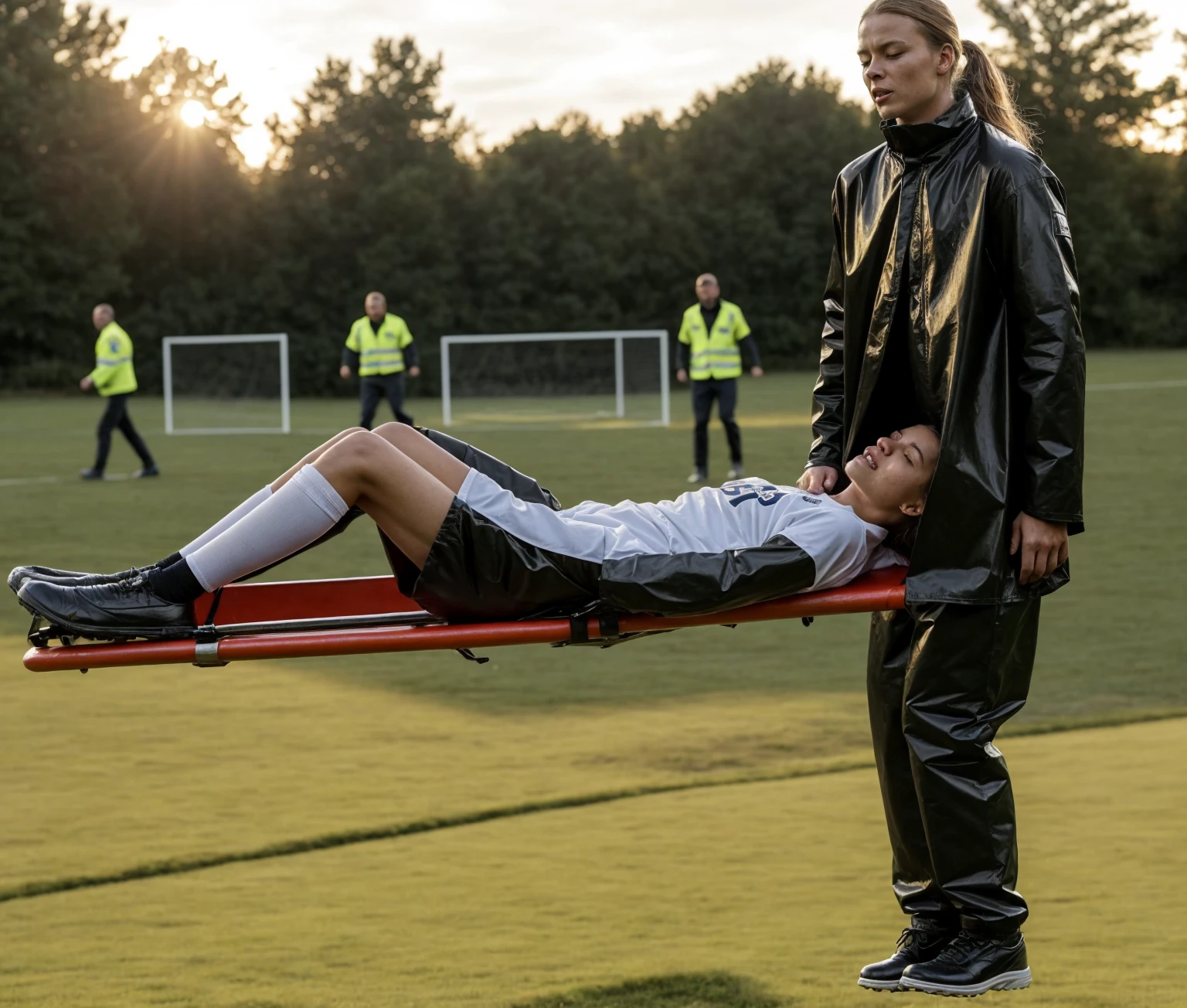 Greta Thunberg is carrying a stretcher, there is a man laying on a stretcher on a soccer field, on a soccer field, Greta Thunberg wearing a shiny pvc tracksuit, greta Thunberg in a high shine vinyl rainsuit carrying a stretcher on a soccer field, an excessively madeup teenage girl in a laquered coat, a passionately shouting teenage-girl in a laquered coat, there is a sportsman in white shorts and a white t-shirt lying injured on a stretcher, there is an injured sportsman who is covering his face on a stretcher, an injured sportsman is covering his face with his hands, an injured sportsman is writhing in ecstasy on a stretcher, dramatic pity pose, there is a latino woman in a high-shine puffy coat, a high-shine black down coat, a long black moncler coat, a wetlook down coat, a wet black laquered coat, a latino wife is wearing a wetlook black uniform, injured, medic, very professional, soccer action pose, affection pose, lecherous action pose, dramatic action pose, theatralic pose, there is an attractive woman that is carrying a skinny man, there is a beautiful woman in a shiny coat who is carrying a blond man on a wetlook orange stretcher, a longhaired beautiful woman in a high-shine black puffy coat, a longhaired woman in a shiny downcoat, a woman is carrying a shorthaired man who is wearing shorts and a t-shirt, a weak man in spots shorts is consciousless and needs to be carried, a shorthaired man with closed eyes is carried on a stretcher by a longhaired woman, a woman looks very scared and terrified, a consciousless man with closed eyes is suffering very much and has a very painful face, photo, photo shoot, photographed , accident, help, aid, first aid, pity