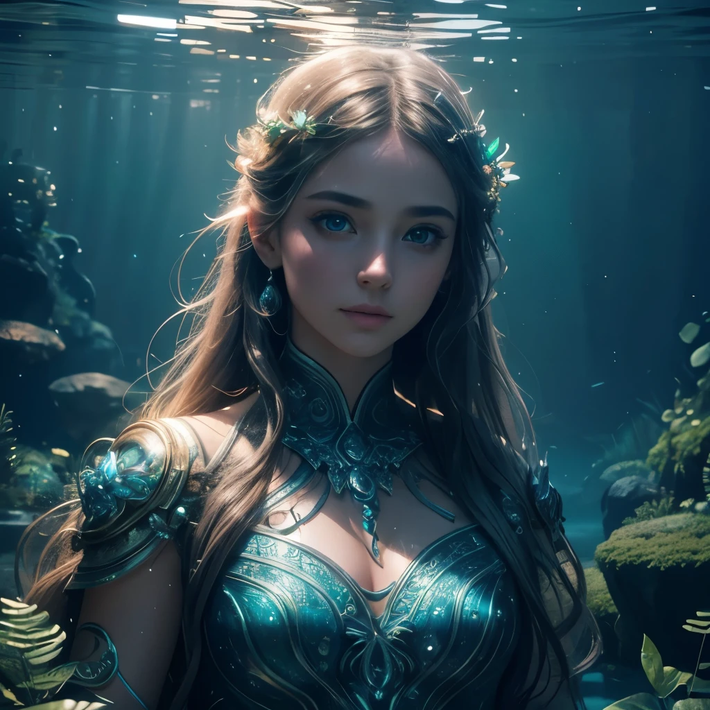 a young girl with beautiful detailed eyes, beautiful detailed lips, extremely detailed eyes and face, long eyelashes, intricate ancient underwater architecture, glowing bioluminescent plants, shimmering shafts of light, serene and ethereal atmosphere, (best quality,4k,8k,highres,masterpiece:1.2),ultra-detailed,(realistic,photorealistic,photo-realistic:1.37),concept art, cinematic lighting, vibrant colors, volumetric fog