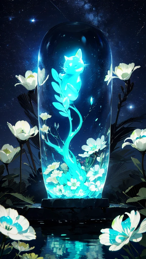 A girl, Solitary, Stand on the water, Reflective surface, , Cat ear, (poster:0.76), (Palm leaves),  White flowers, (Blue light glow:1.2), night, Dark theme, Starry Sky,  (Bioluminescence), dream