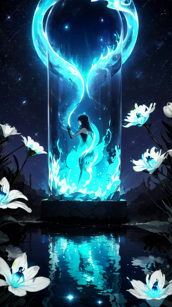 A girl, Solitary, Stand on the water, Reflective surface, , Cat ear, (poster:0.76), (Palm leaves),  White flowers, (Blue light glow:1.2), night, Dark theme, Starry Sky,  (Bioluminescence), dream