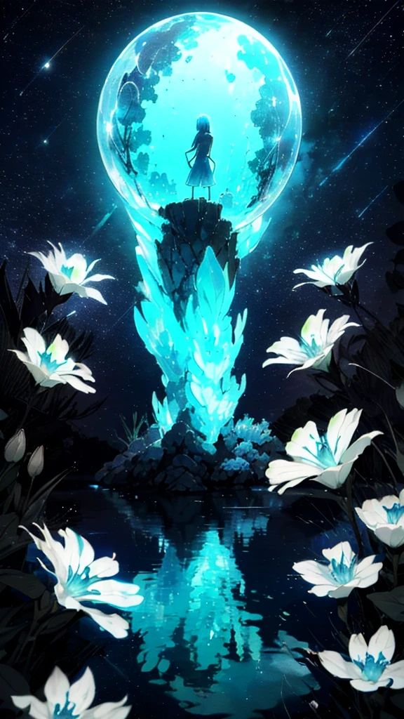 A girl, Solitary, Stand on the water, Reflective surface, , Cat ear, (poster:0.76), (Palm leaves), White flowers, (Blue light glow:1.2), night, Dark theme, Starry Sky, (Bioluminescence), dream