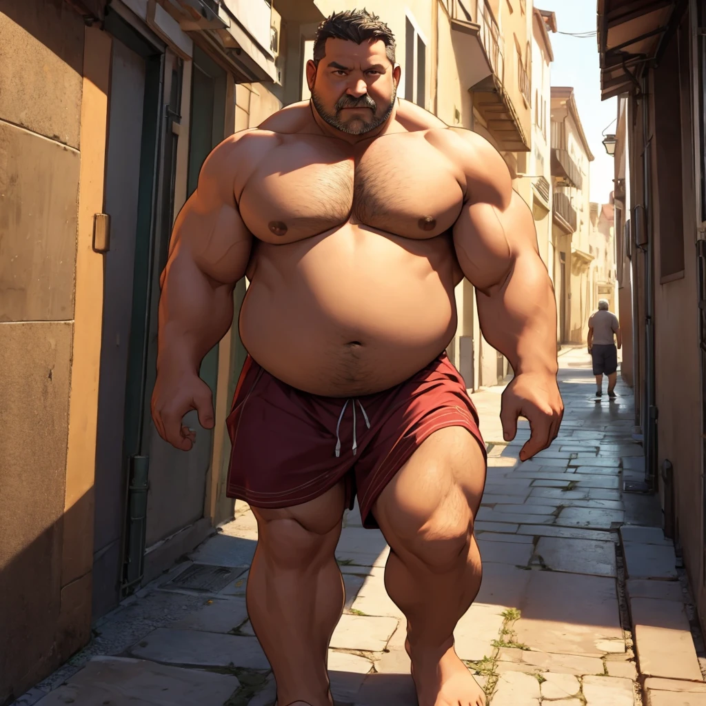 Middle-aged men　Large　overweight　Muscular　naked　walking