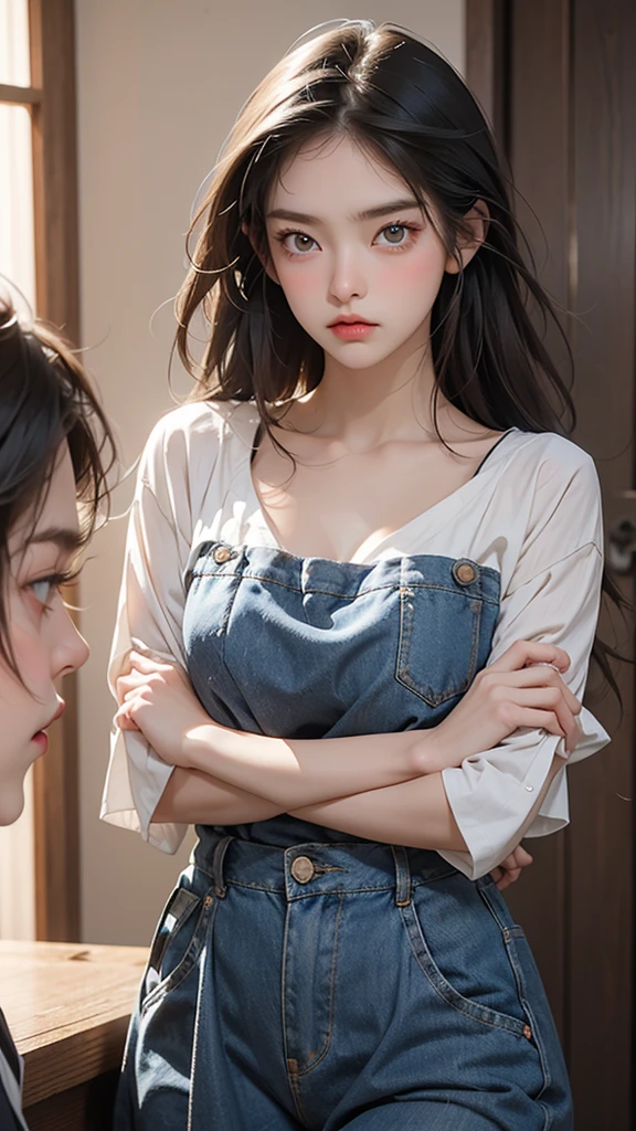 Create an image of a stunning beauty who is half French and half Japanese. She has an exceptionally beautiful face, with striking blue eyes and long, straight blonde hair. She wears a cute dress and has a furrowed brow expression, as if expressing anger and dissatisfaction. Her arms are crossed, and she appears upset. The second person is a man with black hair and long bangs. He wears a T-shirt and denim. His expression looks sad. The composition should depict both of them in an upper body close-up, engaged in an argument. The beauty should be on the right, and the man on the left, facing each other and arguing. Their eyes meet, and they exchange heated words. The background is a room