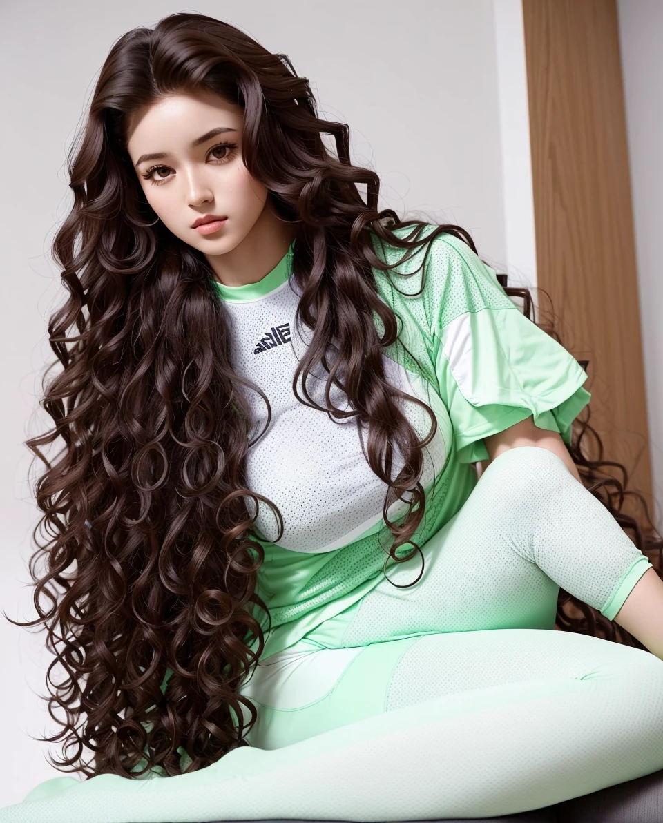 araffe woman with long curly hair wearing sports outfit lying on sofa, big hair, medium long curly hair, flowing massive hair, curly hair, curly brown hair, with textured hair and skin, with afro, with long curly hair , gorgeous woman, middle parted curly haircut