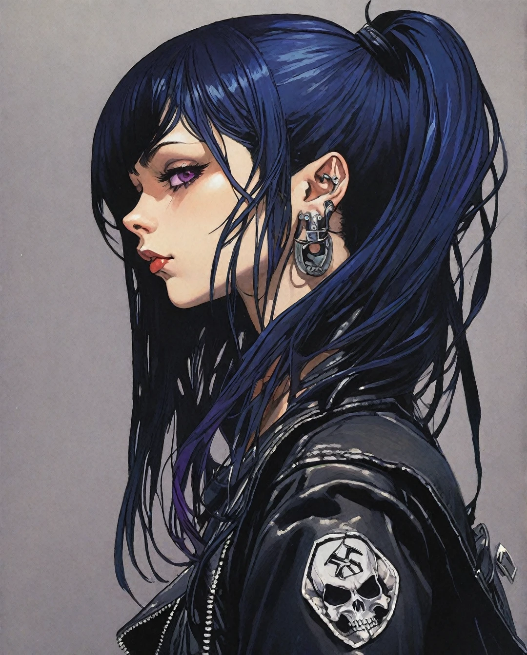 Flat-colored still of a photo of a Lilith 1girl is a 26-year-old metalhead who works as a graphic designer and lives in an industrial city. She has long black hair, with purple and blue streaks, and has piercings in her nose and ears. Their style is dark and aggressive, with metal band t-shirts and leather jackets adorned with band patches and satanic symbols. He always carries a backpack with books of dark literature and a diary where he writes song lyrics and poems inspired by metal. She is known in the local metal community for her passion and dedication to heavy metal music, as well as her ability to organize events and concerts.,... anime girl from a 80s Anime portrayed by hajime sorayama, looking away from the viewer, solemn expression