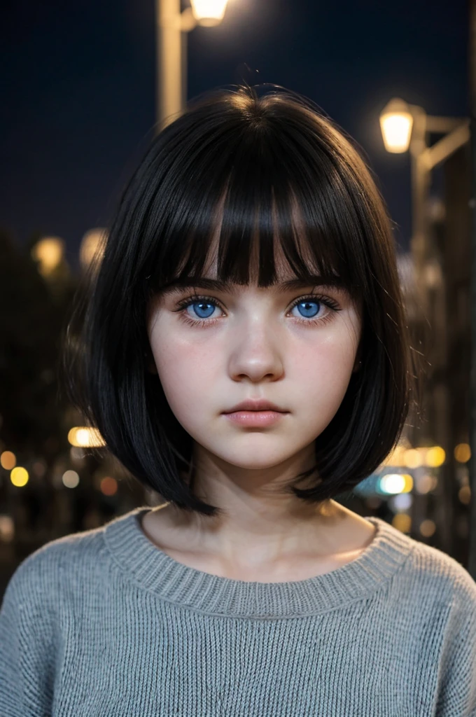 Dark night atmosphere, 15 year old girl, sad face, living doll youngful face, pale white skin, rosy cheeks and lips, big blue eyes, bang, wavy black hair, bob haircut, mugshots, wearing long black sweater, Baghdad view at night, clearly background