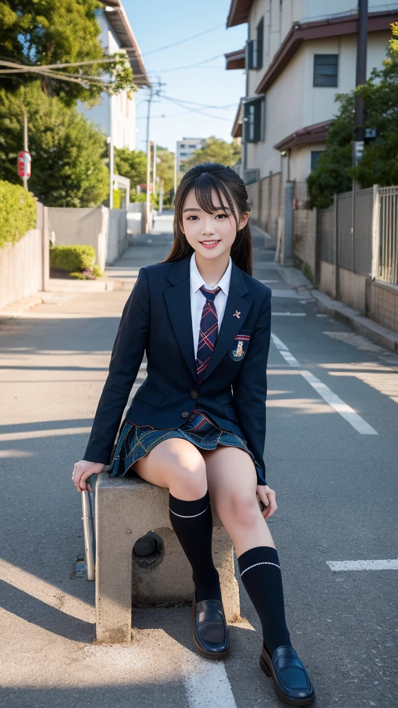 Mix 4, (16K, RAW Photos, Best image quality, masterpiece: 1.45), (Realistic, Realistic: 1.37), One Girl,Big smile ,16 years old,Duck mouth, Cityscape,, Professional Lighting, Photon Mapping, School classroom, Physically Based Rendering, Dark brown hair,Ponytail Hairstyles, Beautifully groomed eyes、((double eyelid))、Very cute girl, (((school uniform、Tartan checked blazer、Long-sleeved shirts worn by Japanese high school girls、Ribbon tie、Super miniskirt with tartan check,、Dark blue socks、Black Loafers))), Highest quality photos, High resolution, 1080P, (Clear Face), (Detailed facial depiction), (Detailed description of the hand), (masterpiece), (Detailed CG)、Extreme light and shadow、Messy Hair、masterpiece、Rich details、(Detailed facial features)、(Highest quality photos of rated muscle areas)、(Fine grain)、Look in front of you、Thin clavicle、((Thin and large))、(((Japanese high school girls wear long-sleeved shirts)))、((A real idol))、((school gate、Schoolyard、School building in the background))、(Take photos from random perspectives)、(((Anyway it is'cute)))、Earrings、Big smile、Drawing the whole body from the knees、Don'Drawing thin lines、(((Sports bags used by Japanese female students)))、(Small breasts:1.2)、Tight little ass、Two arms and two legs、(((from the front:0.7)))、bare hands、(((Symmetrical eyes)))、Please do not remove the tie from your jacket、Beautiful thighs,Knee-high tights,Young and cute gravure idol,(big Droopy eyes, Natural Makeup、Ultra-high definition beauty face:1.35)、(Ultra high resolution perfect beautiful teeth, Mid-chest, Tight waist,toothy smile:1.15)、Use natural light and color,lity glossy red lips