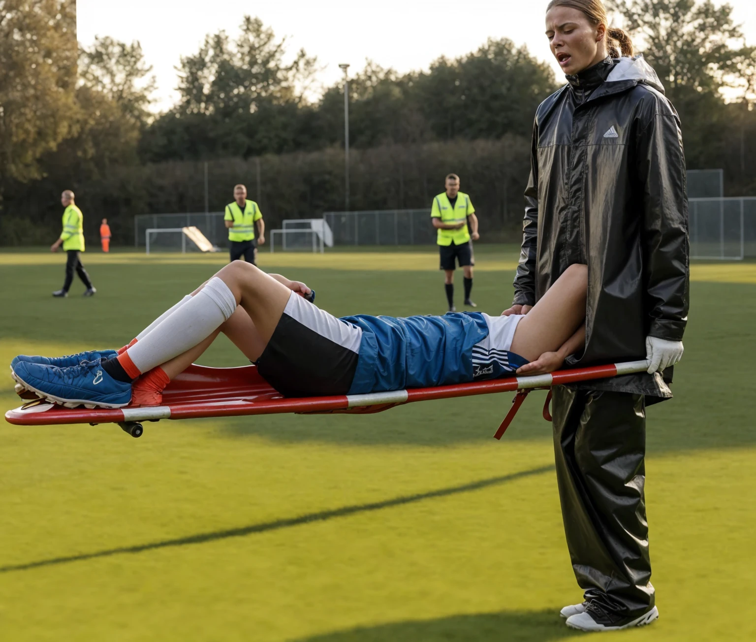 Greta Thunberg is carrying a stretcher, there is a man laying on a stretcher on a soccer field, on a soccer field, Greta Thunberg wearing a shiny pvc tracksuit, greta Thunberg in a high shine vinyl rainsuit carrying a stretcher on a soccer field, an excessively madeup teenage girl in a laquered coat, a passionately shouting teenage-girl in a laquered coat, there is a sportsman in white shorts and a white t-shirt lying injured on a stretcher, there is an injured sportsman who is covering his face on a stretcher, an injured sportsman is covering his face with his hands, an injured sportsman is writhing in ecstasy on a stretcher, dramatic pity pose, there is a latino woman in a high-shine puffy coat, a high-shine black down coat, a long black moncler coat, a wetlook down coat, a wet black laquered coat, a latino wife is wearing a wetlook black uniform, injured, medic, very professional, soccer action pose, affection pose, lecherous action pose, dramatic action pose, theatralic pose, there is an attractive woman that is carrying a skinny man, there is a beautiful woman in a shiny coat who is carrying a blond man on a wetlook orange stretcher, a longhaired beautiful woman in a high-shine black puffy coat, a longhaired woman in a shiny downcoat, a woman is carrying a shorthaired man who is wearing shorts and a t-shirt, a weak man in spots shorts is consciousless and needs to be carried, a shorthaired man with closed eyes is carried on a stretcher by a longhaired woman, a woman looks very scared and terrified, a consciousless man with closed eyes is suffering very much and has a very painful face, photo, photo shoot, photographed , accident, help, aid, first aid, pity