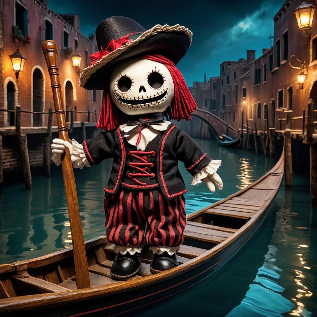 (knitted toy voodoo doll:1.2), (Voodoo Ghost Gondolier:1.3), (clothes Shabby gondolier uniform, vintage hat, oar:1.0), (background Dark canals, shimmering water, abandoned bridges:1.3), best quality, masterpiece, detailed soft oil painting, detailed background, dramatic cinematic lighting, soft edge lighting, professional, dramatic lighting, hard edge lighting, ultra quality, 4k, masterpiece, best quality, 8k, ultra high definition, high resolution, extremely detailed