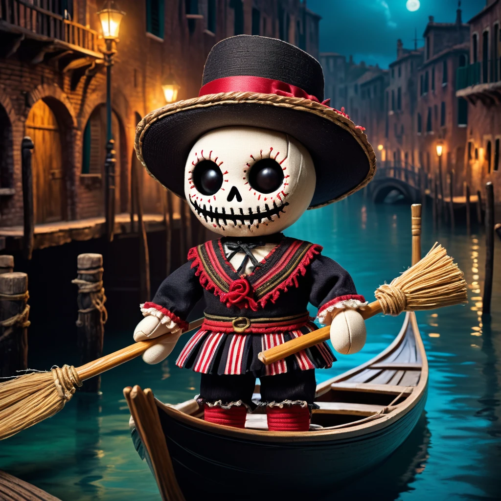 (knitted toy voodoo doll:1.2), (Voodoo Ghost Gondolier:1.3), (clothes Shabby gondolier uniform, vintage hat, oar:1.0), (background Dark canals, shimmering water, abandoned bridges:1.3), best quality, masterpiece, detailed soft oil painting, detailed background, dramatic cinematic lighting, soft edge lighting, professional, dramatic lighting, hard edge lighting, ultra quality, 4k, masterpiece, best quality, 8k, ultra high definition, high resolution, extremely detailed