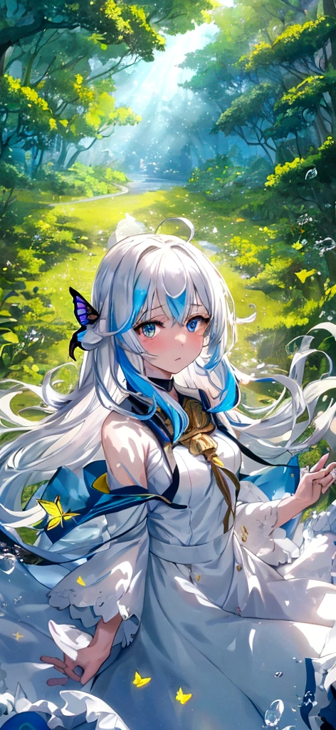 Nasheed (masterpiece), (best quality), (Extremely detailed),(Messy hair),(illustration), (1 girl), Beautiful and delicate eyes,Beautiful face,floating,(High Saturation),(Colorful splash),Colored bubbles,(shining),Focus on the face, Walk in the forest，White long hair，Sunlight，Fresh，Butterfly Maiden，Light and Shadow，Tyndall effect