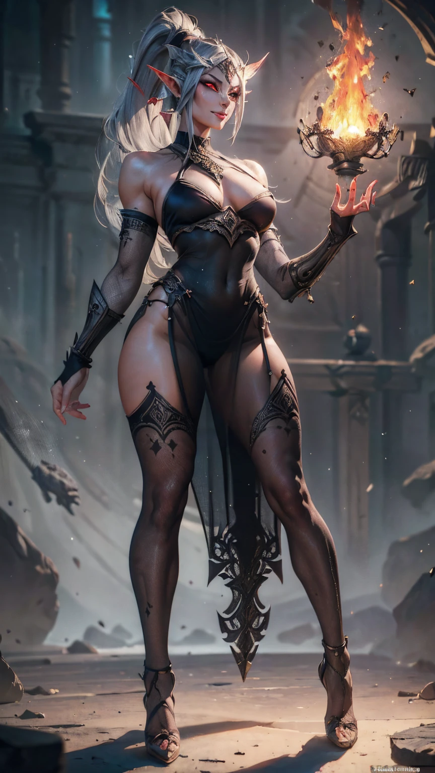 Full body, 1woman, 30 years old, sexy queen of hell, busty, A beautiful athletic dark elf, fit body, elven ears, grey skin, Grey skin, Red eyes: 1.4, see through sheer lowleg panties,  cinematic lighting, fantasy theme, highly detailed, incredibly long black high ponytail hair, sheer lowleg panties, best quality, ((masterpiece)), ((8k)), seductive smirk, Close Up, Portrait, licking lips,