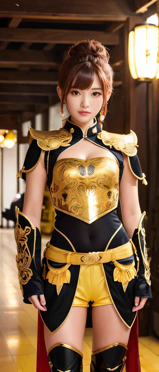 Tall and cute idol knight、whole body、Good style、、、、、、、、、、Tanned thick legs、、Gold and black armor suit(Monkey embroidery、Passionate Banana Mantle)、、Neat and clean idol face、Crimson shorthair、A fiery battlefield