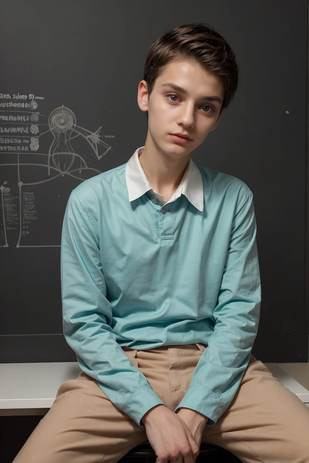 A young male twink, cute, beautiful, feminine, with a beautiful face with makeup, black hair, and his eyes have dark circles under them. He is wearing a long-sleeved aquamarine shirt and white jeans. He is in the College of Medicine, studying on the blackboard with brain  written on it. He is sitting at a desk with scientific books on it.  Medical and brain  manuscripts