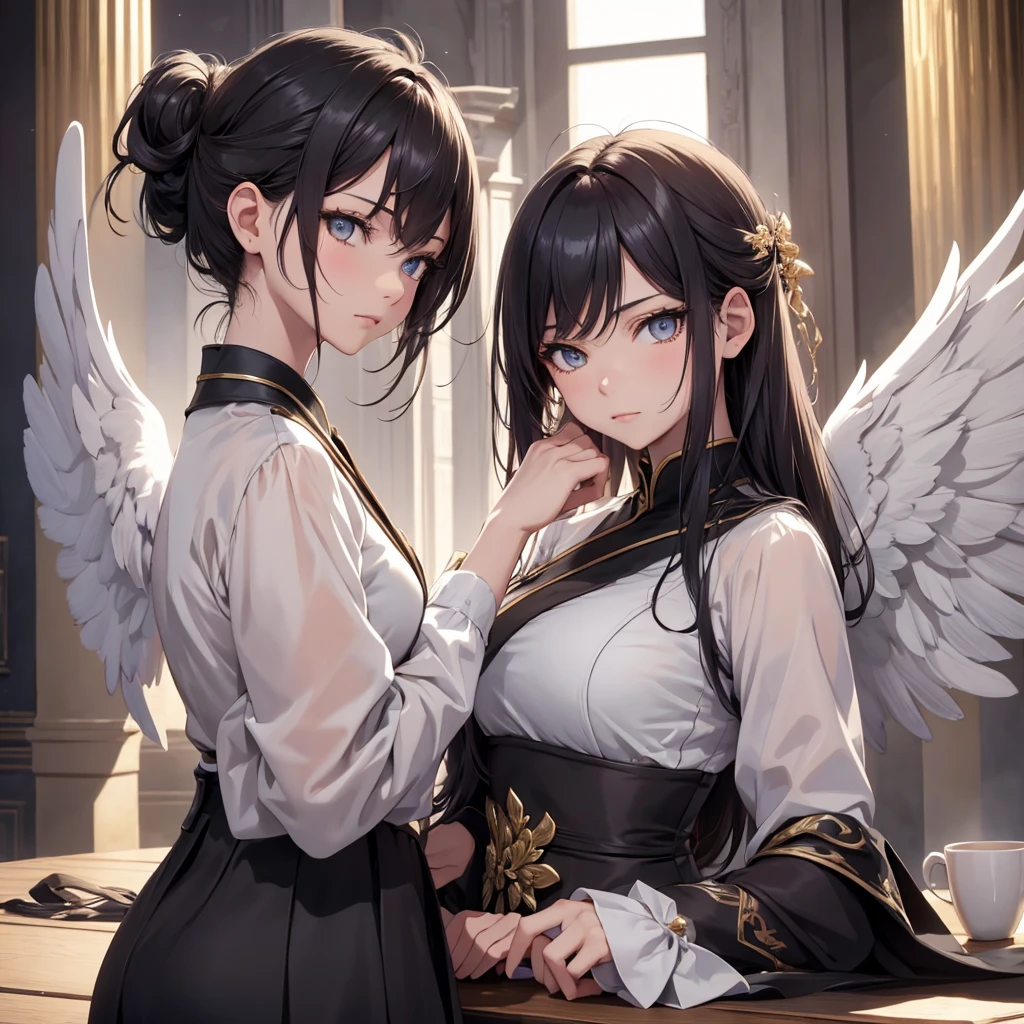 ((On the table, best quality)), Delicate face, Character Design Sheet,whole body, Perfect proportion,Rich in details, Multiple poses and expressions, Very detailed, Martial Arts Girl,1Girl with black wings,Gradient hair color,Golden,Delicate eyes, see through,1 Angel Wings Girl,cloud,High balance, Halo,Natural light,Starlight decoration,Background greek temple