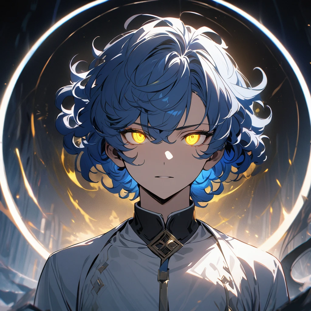 a handsome man with short blue hair, curly hair, yellow eyes, 4k, masterpiece, glowing eyes, short hair, glowing hair, god, round circle light behind him, white light