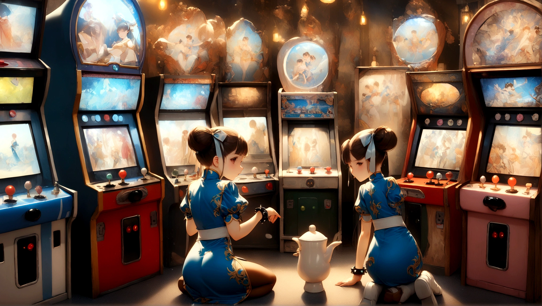 (ultra high quality), detailed face, high resolution, ((masterpiece)), ((best quality)), ((ultra detailed)), delicate, (ultra realistic), ((extremely detailed)), depth of field , ((cowboy photo: 1.4)), ((2girl)), group, sitting on the floor, ((varied poses)), elementary school girl, loly, short stature, , (()), small build, facing viewer, ((intricate arcade machines)), a row of arcade style machines sitting in a row in a video game room, game controller, game console, controller, television, short sleeve, sleeveless clothing, ( (white waistband)), ((Chun Li))), bows, covered bows, Chinese dress, qipao, blue suit, spiked bracelets, puffed sleeves, brown pantyhose, white boots, flat chest, flat stomach, tiny body, height small