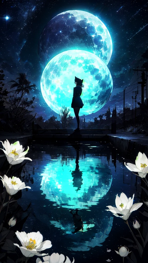 A girl, Solitary, Stand on the water, Reflective surface, , Cat ear, (poster:0.76), (Palm leaves),  White flowers, (Blue light glow:1.2), night, Dark theme, Starry Sky, dream，moonlight