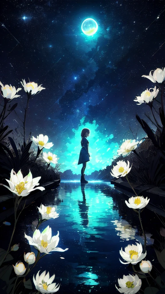 A girl, Solitary, Stand on the water, Reflective surface, , Cat ear, (poster:0.76), (Palm leaves), White flowers, (Blue light glow:1.2), night, Dark theme, Starry Sky, dream,moonlight
