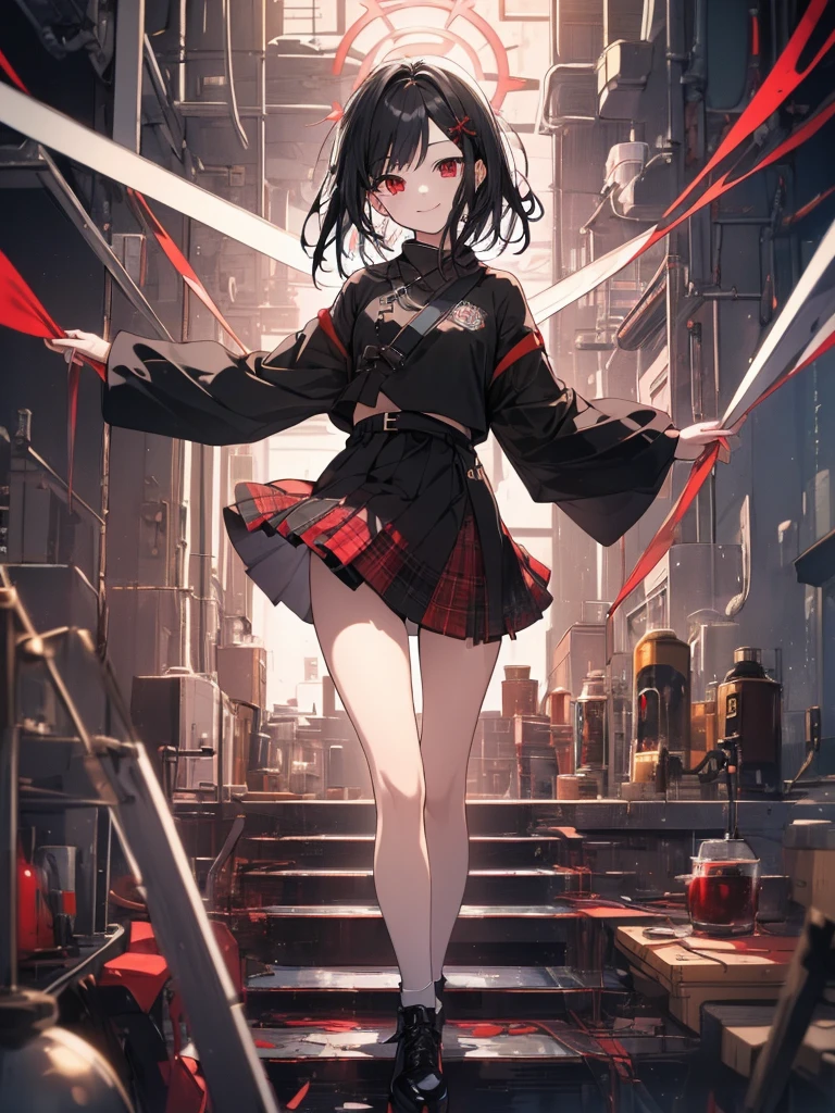 (masterpiece, highest quality, highest quality, (No text), Beautiful and aesthetic:1.2),No text,アニメ、 BREAK,One Girl，Short black hair　Red eyes　Beauty　cool　smile　Black Coat　mini skirt　whole body　Night view