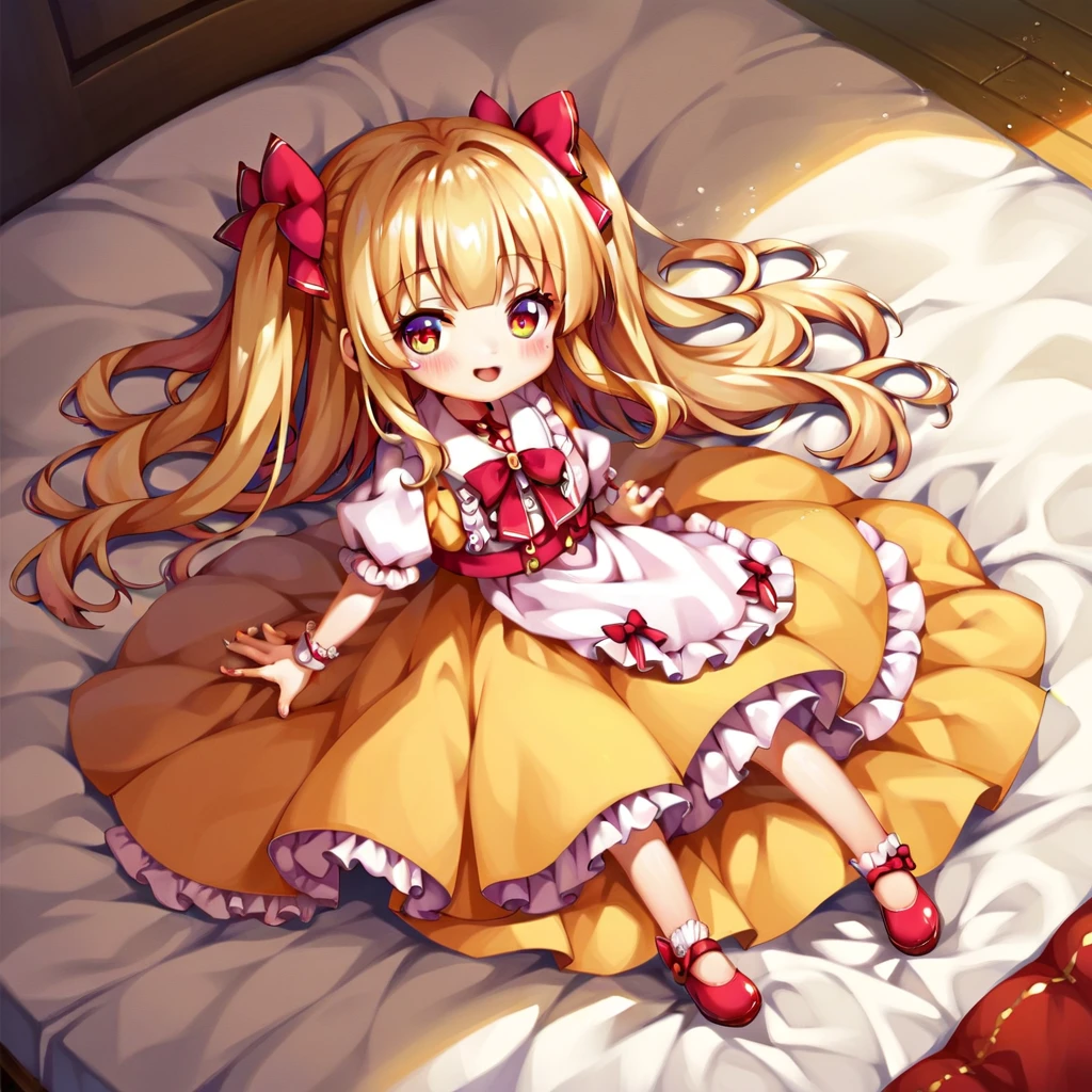 Anime girl sitting on bed，Stars and ropes in the background, small curvaceous loli, Splash art anime Loli, Anime moe art style, Cute anime girl, anime visual of a cute girl, small loli girl, loli in dress, up of young anime girl, (Anime girl), Cute anime, Anime girl, anime best girl, hanayamata